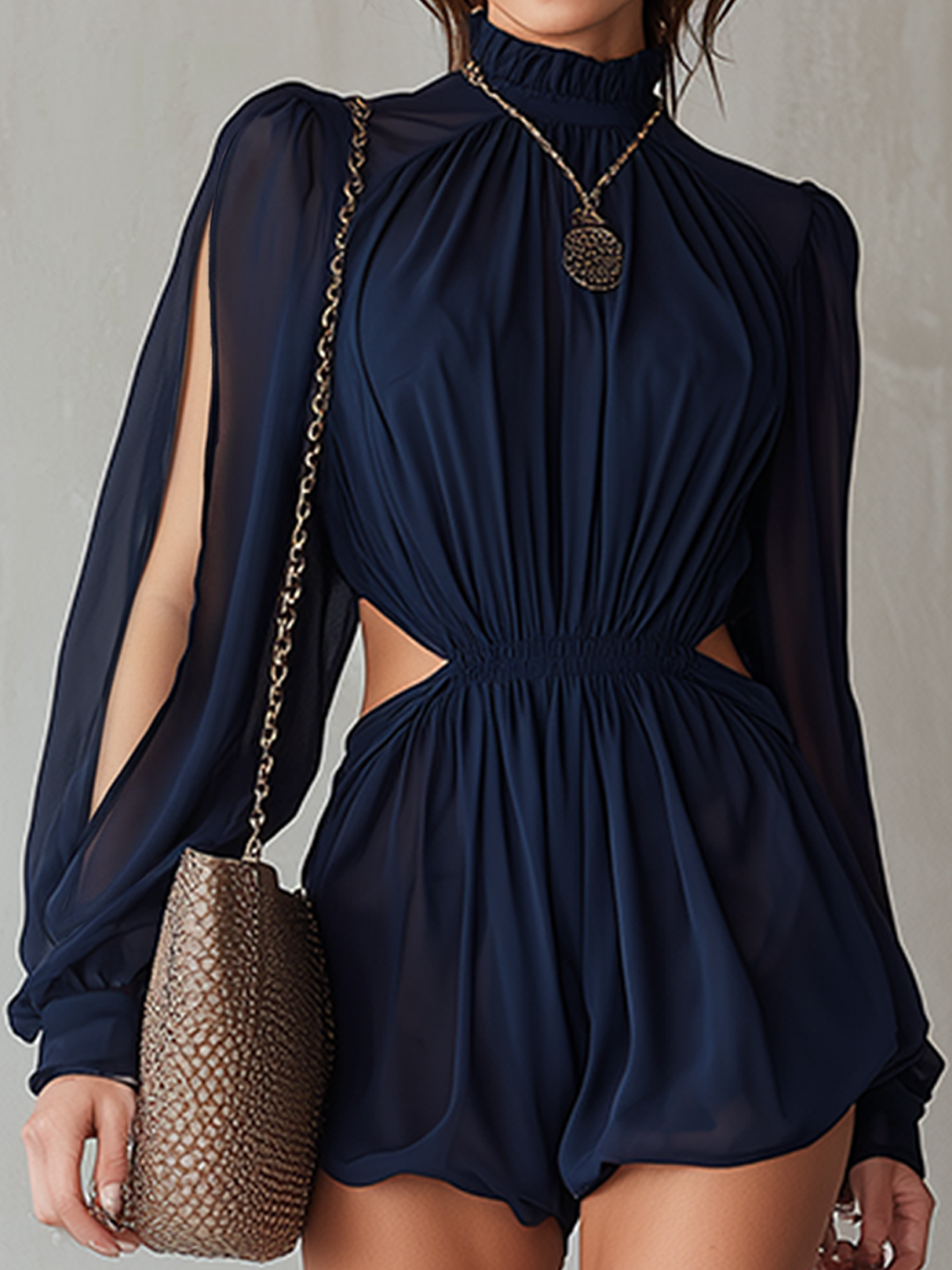 Midnight Blue Chiffon Cutout Long Sleeve Romper