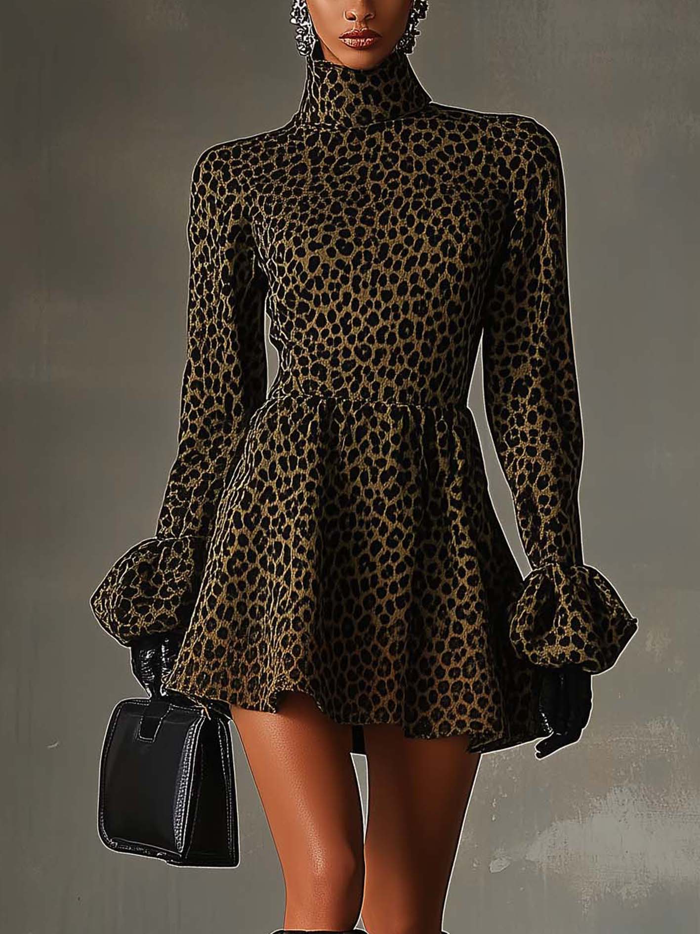 Army Green Mini Sweatshirt Dress With Ruffled Sleeves And Black Leopard Print