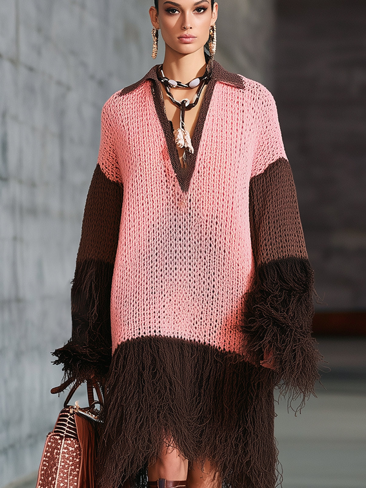 Pink Bohemian Fringed Colorblock Knit Skater Dress
