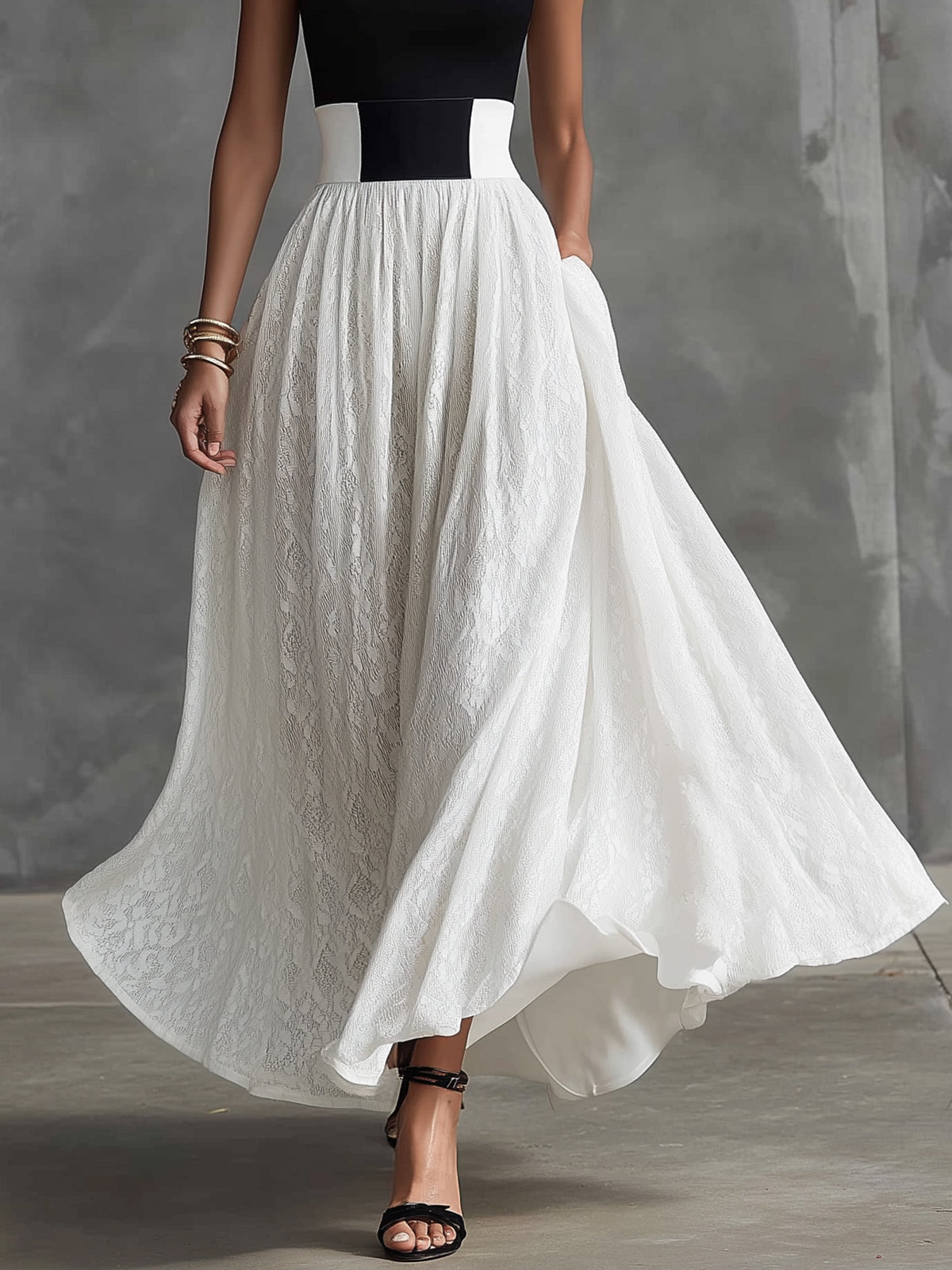 Black And White Halter Neck Contrast Lace Maxi Dress