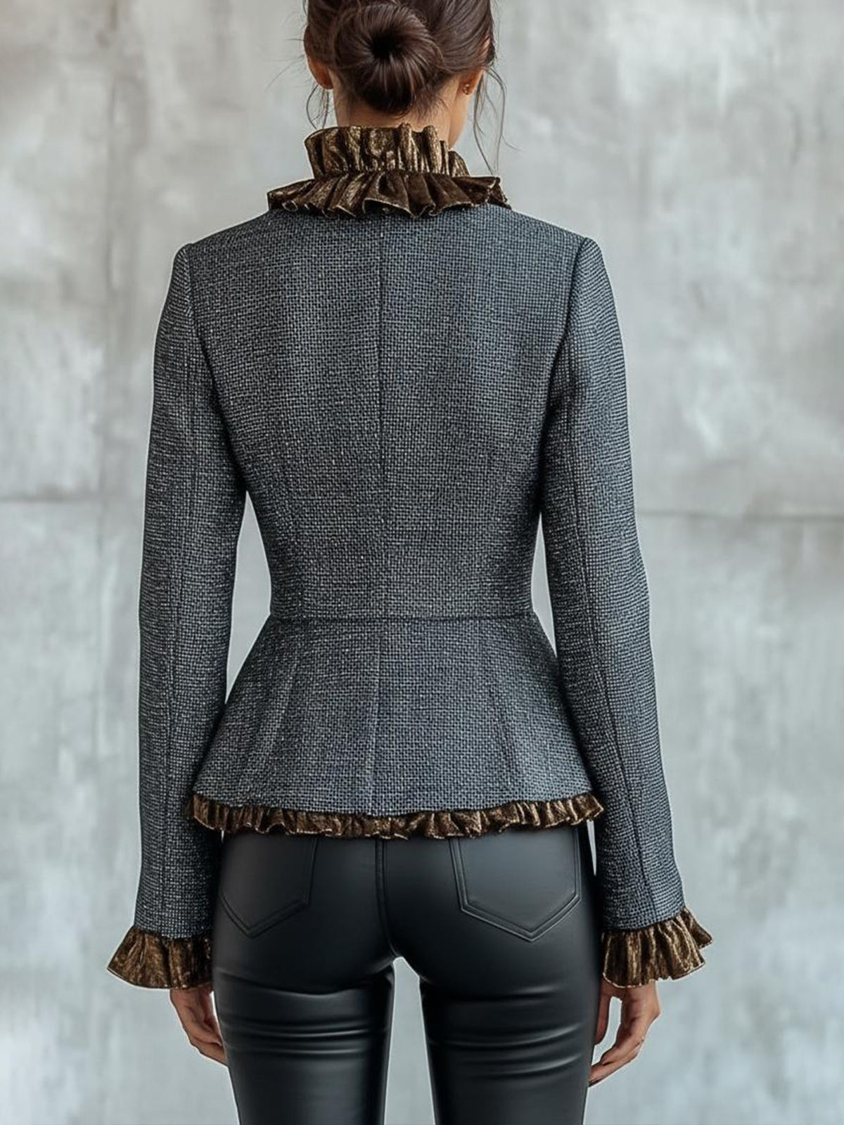 Blue Elegant Ruffled Tweed Jacket