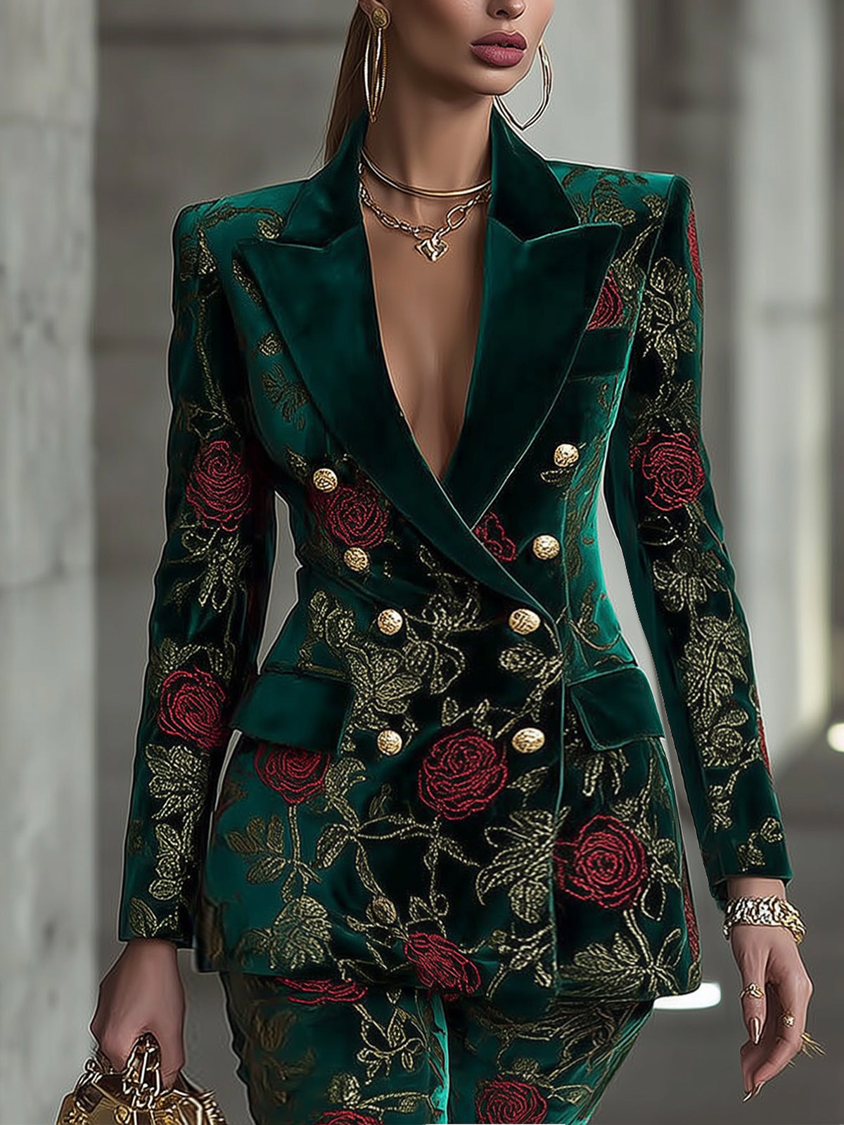 Emerald Velvet Floral Print Double-Breasted Blazer