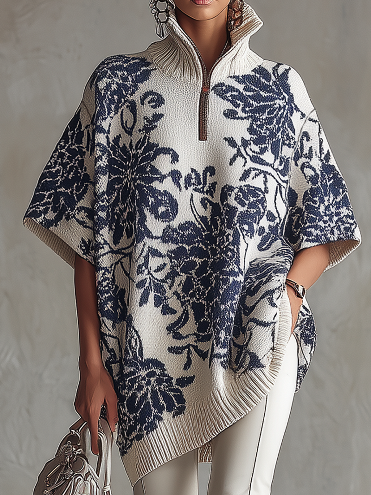 White Navy Floral Knit Half-Zip Poncho Sweater