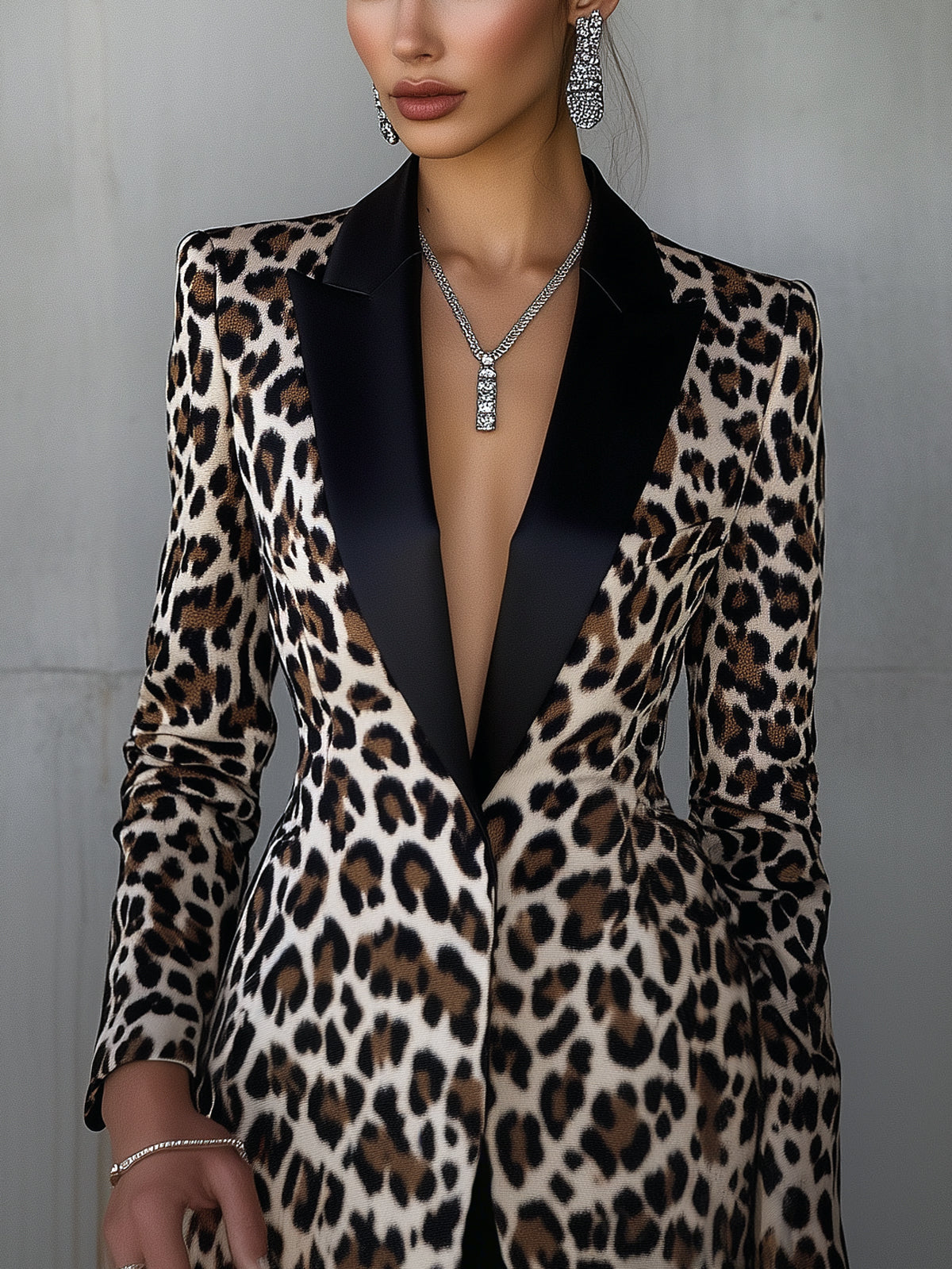 Beige Leopard Satin Peak Lapel Long Sleeve Tailored Blazer