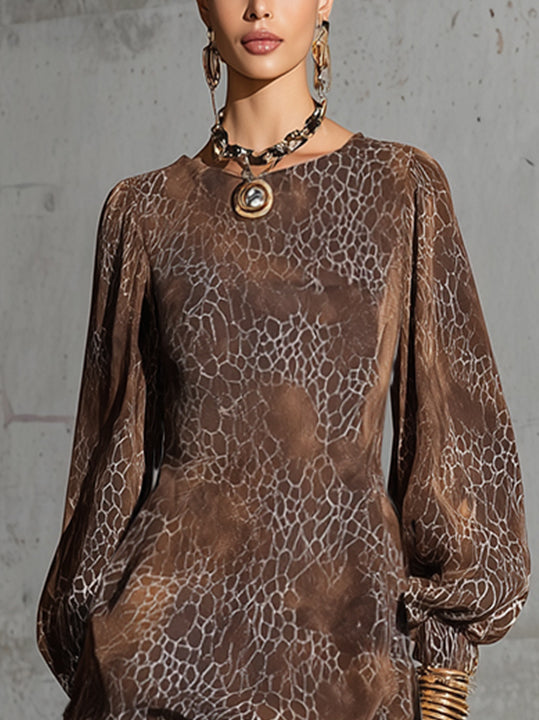 Brown Animal-Print Faux Suede Mini Dress With Balloon Sleeves And Ruffled Hem