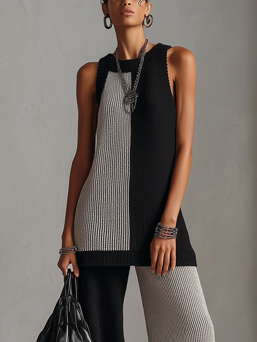 Monochrome Sleeveless Knit Top And Fringe Pants Set