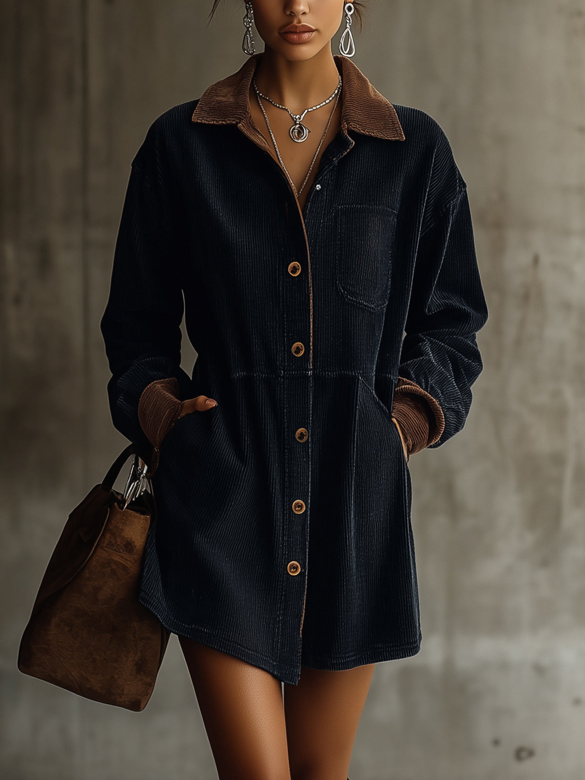 Navy Corduroy Shirt Dress With Contrast Collar And Cuffs