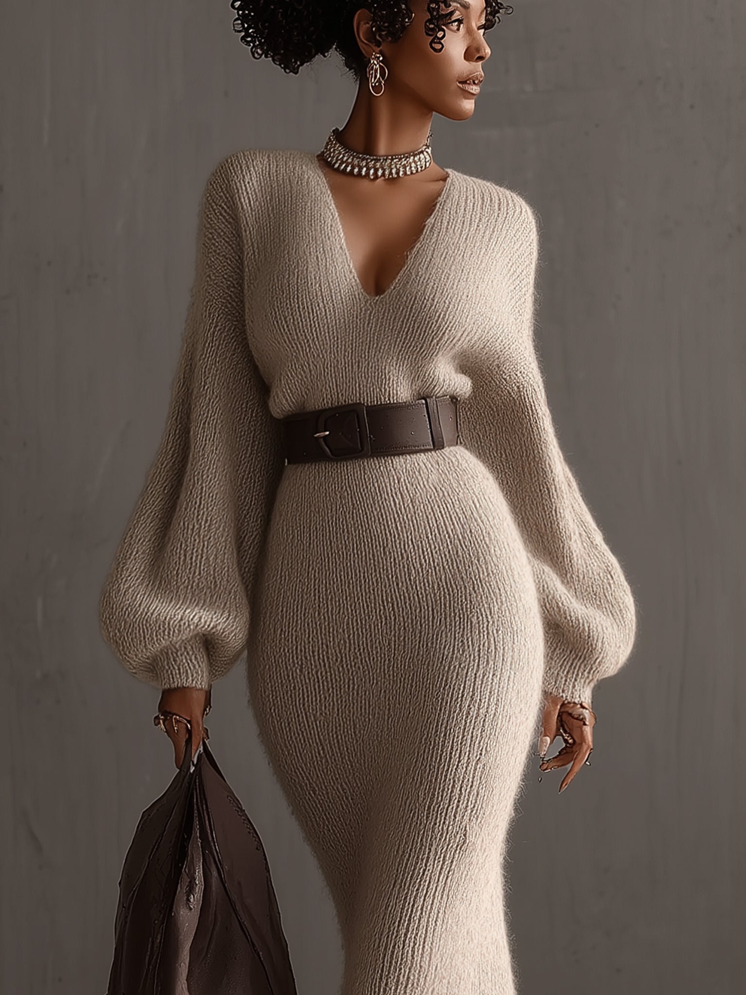 Beige Mohair V-neck Lantern Sleeve Belted Waist Dress