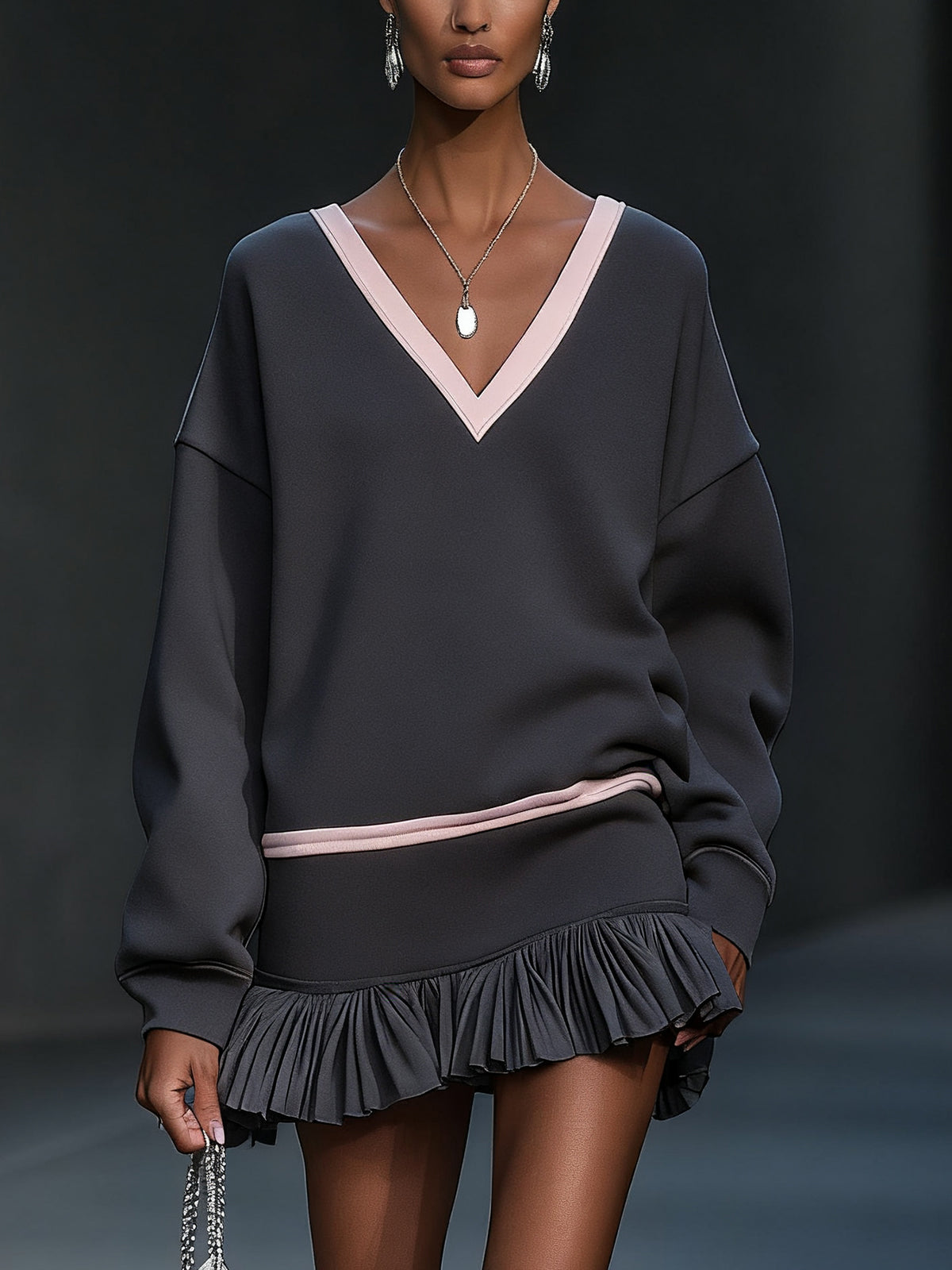 Gray Dress With Blush Accents And Pleated Hem