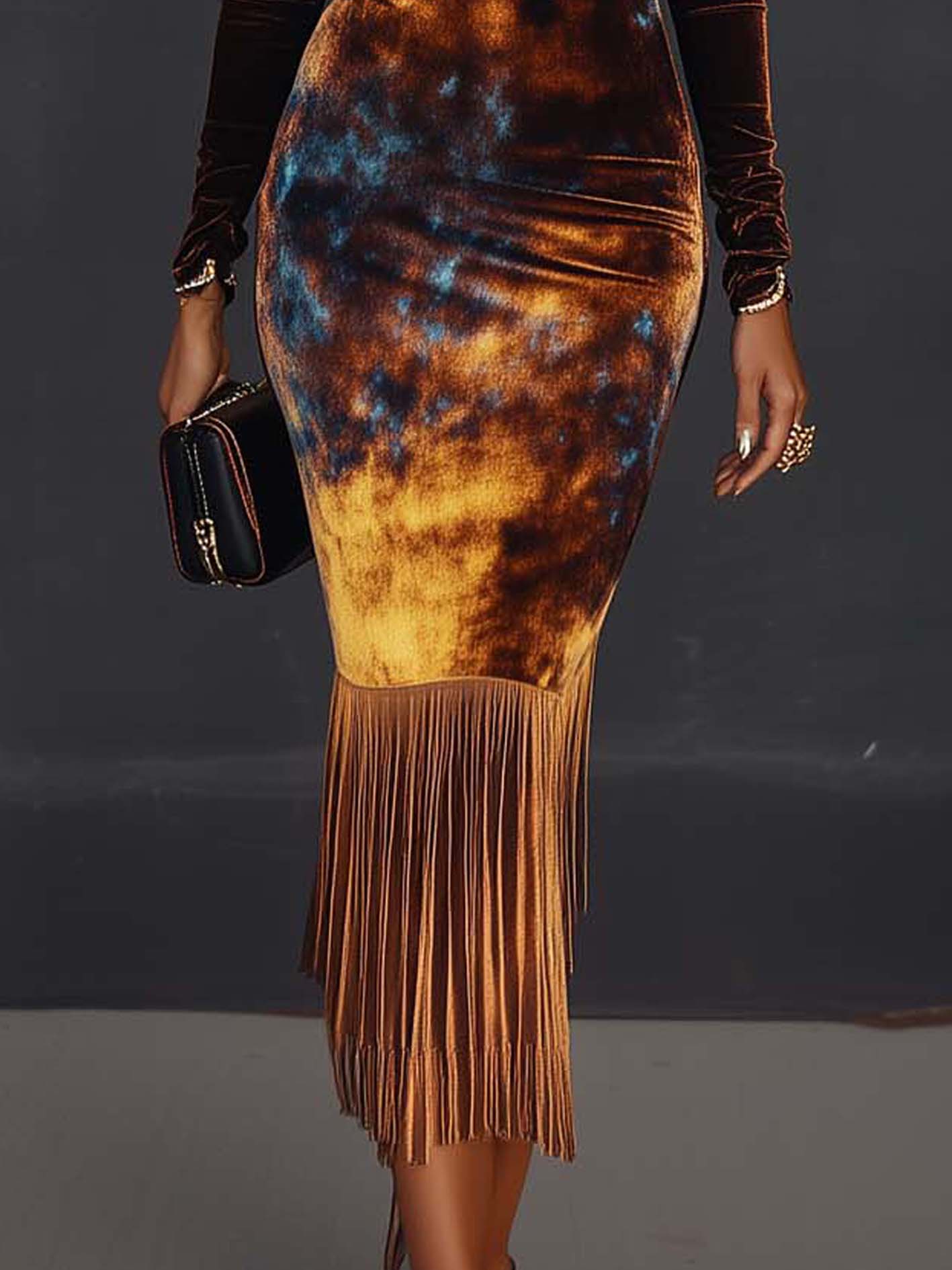 Brown Velvet Bodycon Dress With Heathered Tie-dye And Tassels