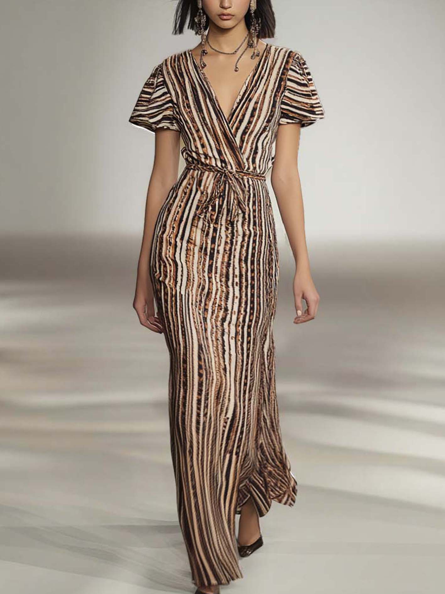 Brown Maxi Dress With Vertical Mixed Stripes And Belt