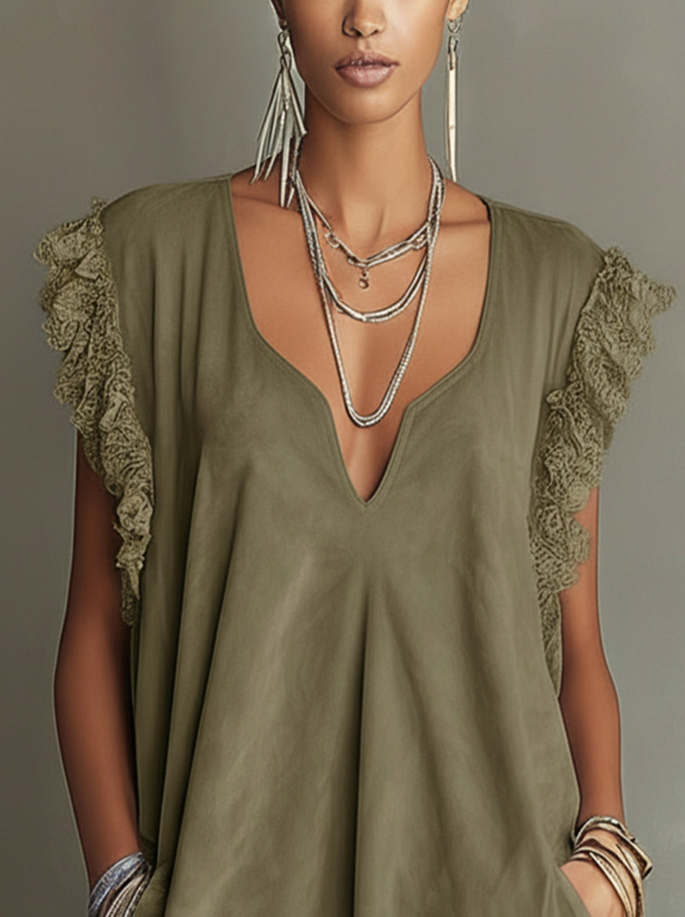 Green Faux Suede Mini Dress With Lace Trim And Relaxed A-Line Silhouette