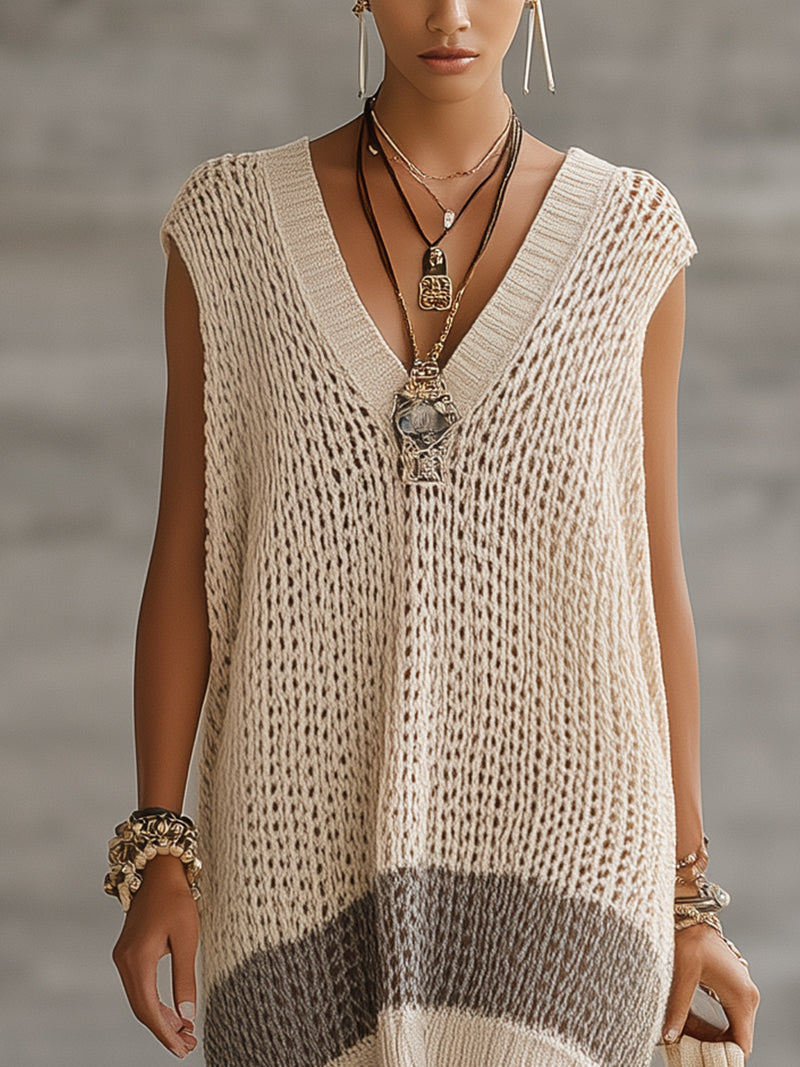 Beige And Gray Deep V-Neck Loose Knit Sleeveless Mini Dress