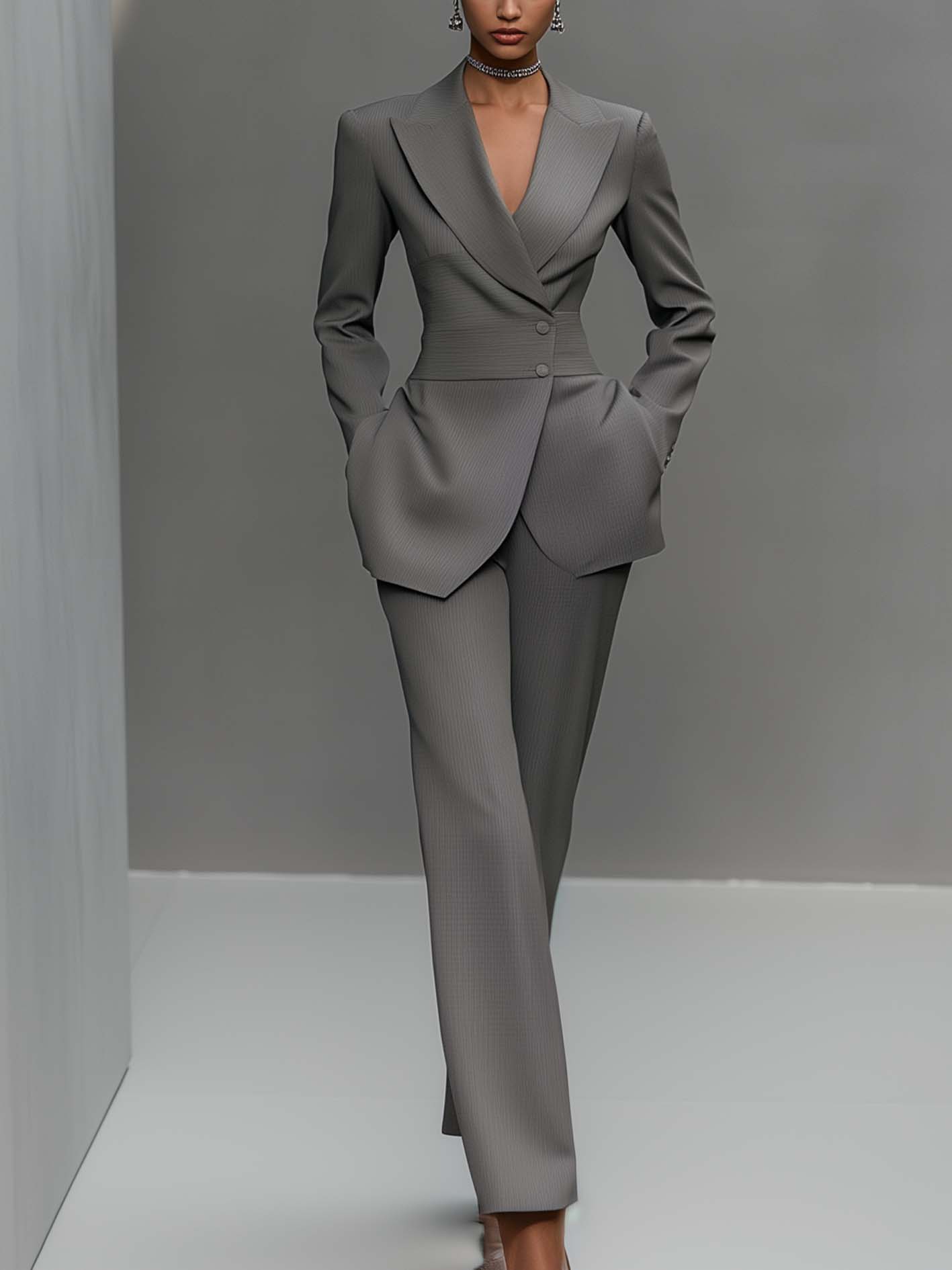 Elegant Gray Suit With Embellishments At The Waist