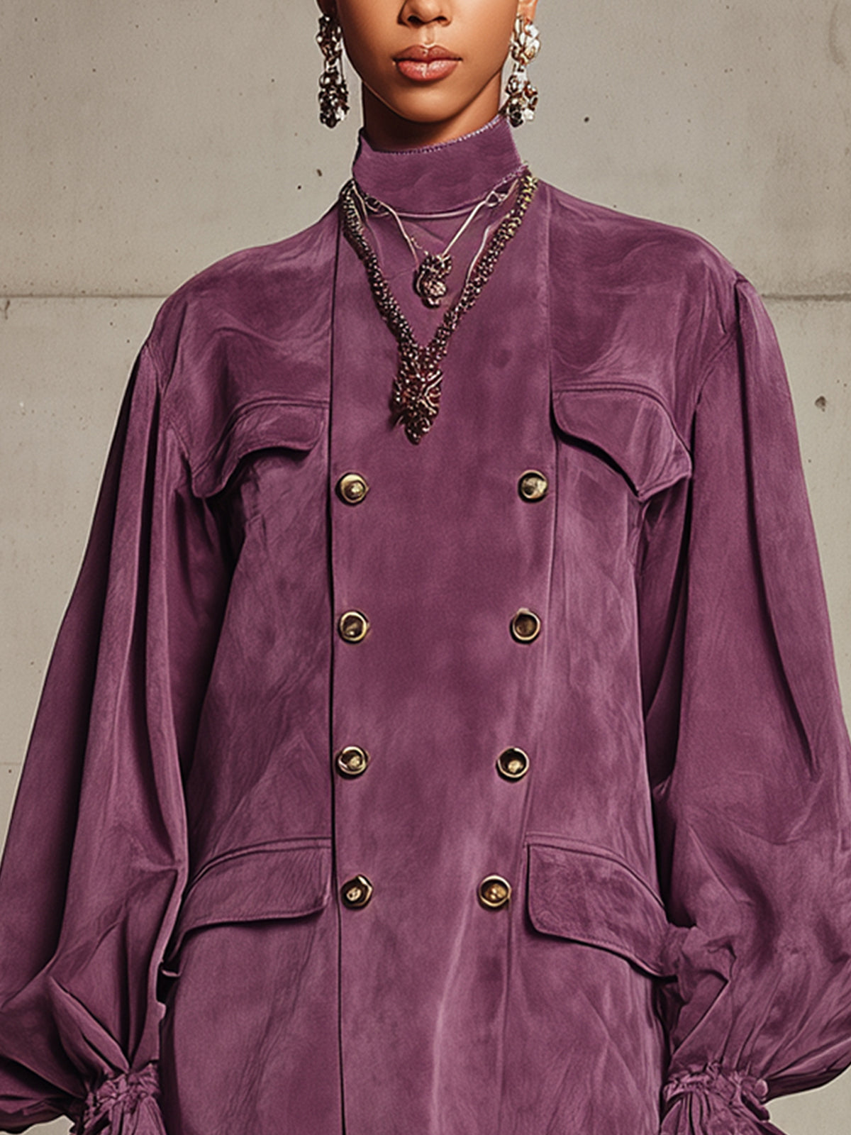 Plum Faux Suede Double-Breasted Blouse With Statement Sleeves