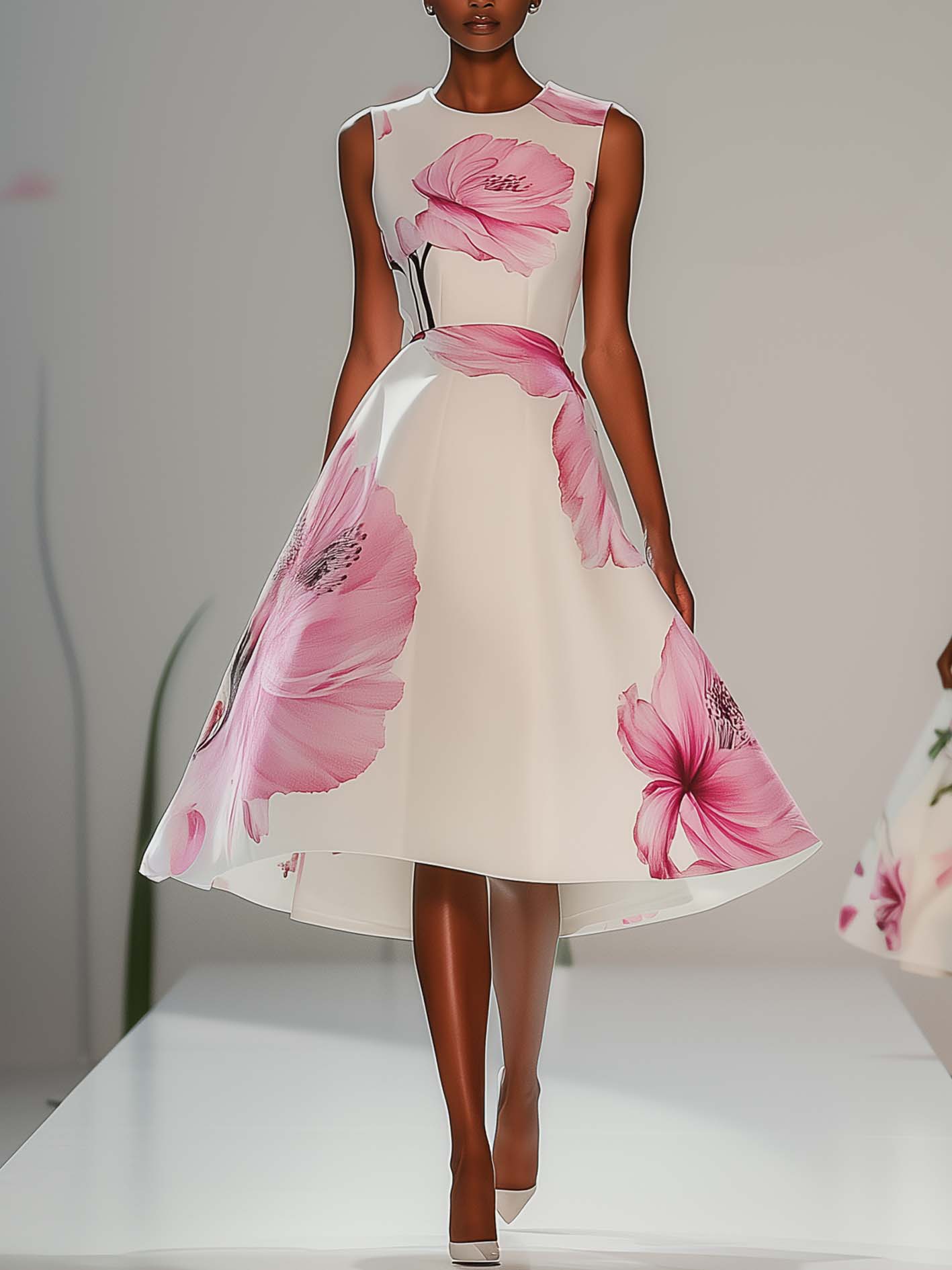 White Midi Dress With Pink Flower Print