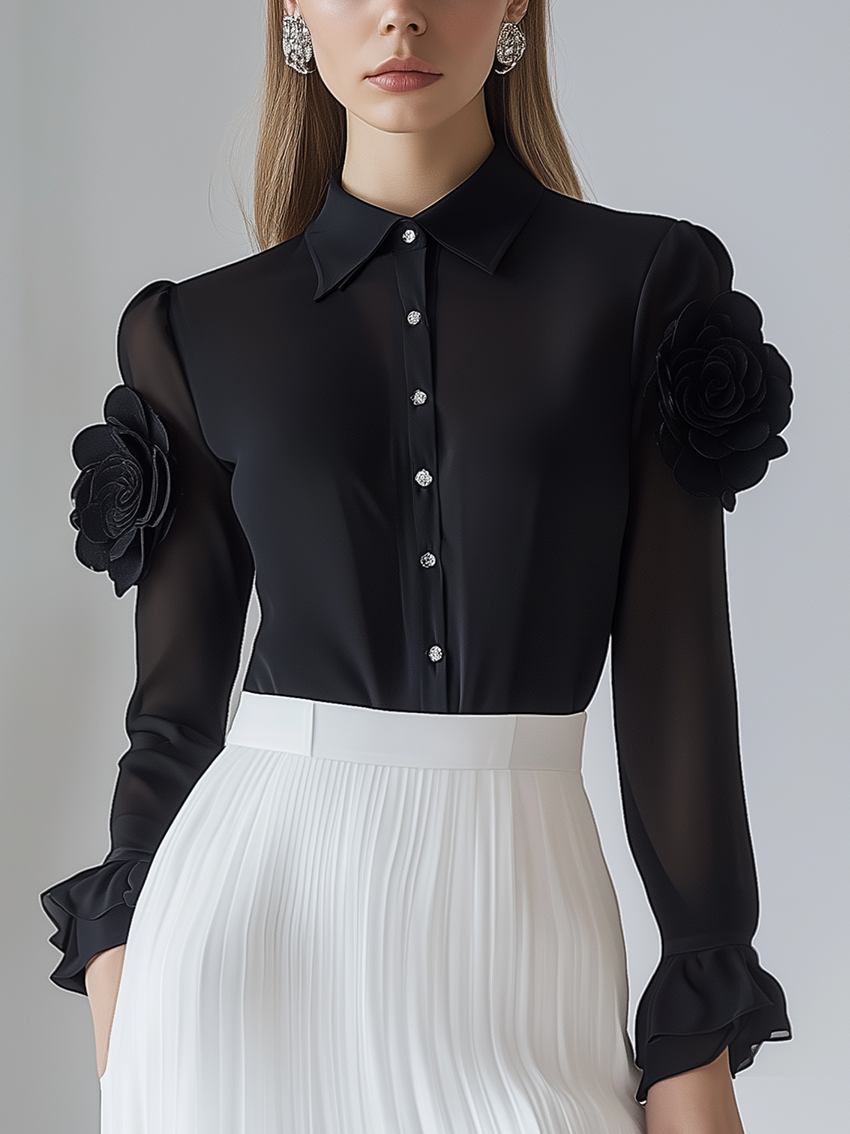 Black Chiffon Blouse With 3D Flower Decoration On Sleeves