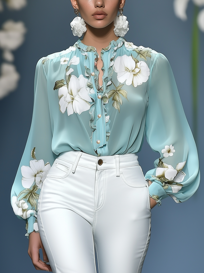 Cyan Chiffon Blouse With White Flower Print