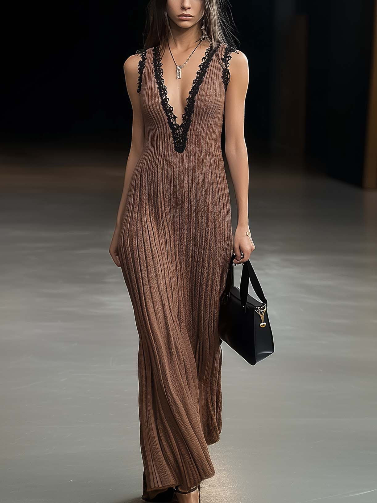 Brown Knitted Maxi Dress With Black Lace Neckline