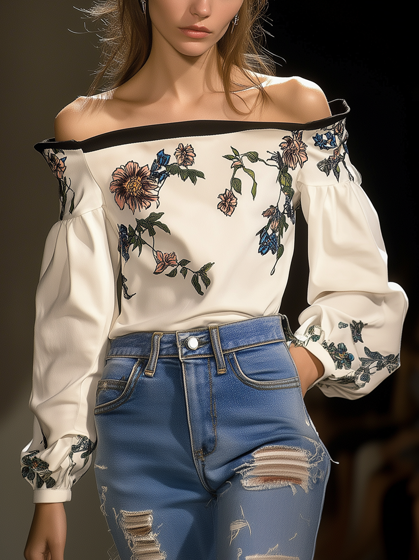 Off Shoulder White Shirt With Flower Print And Black Trim