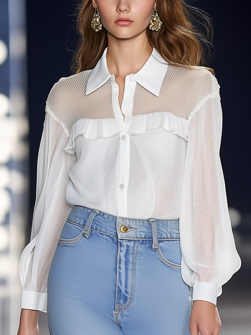 White Elegant Chiffon Blouse With Collar Stitching Mesh