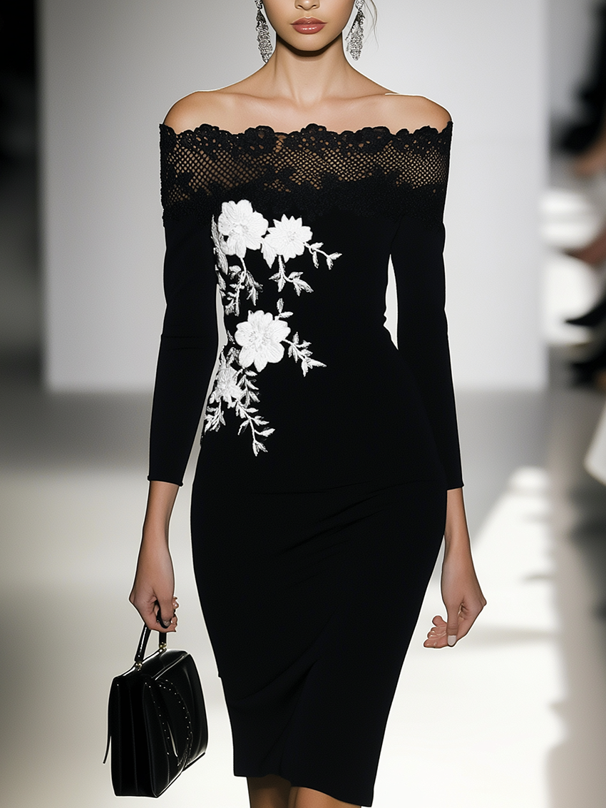 Off-Shoulder Black Midi Bodycon Dress With Lace Neckline And White Flower Embroidery