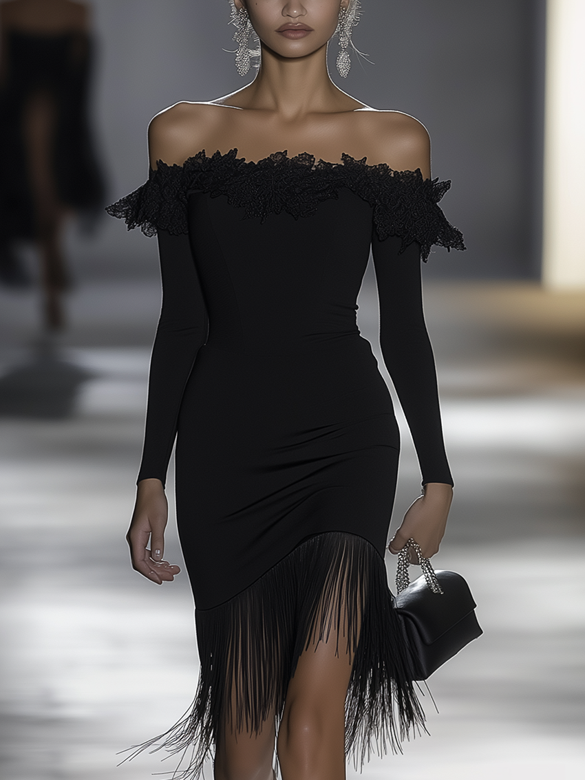 Off-The-Shoulder Black Midi Bodycon Dress With Lace And Tassels