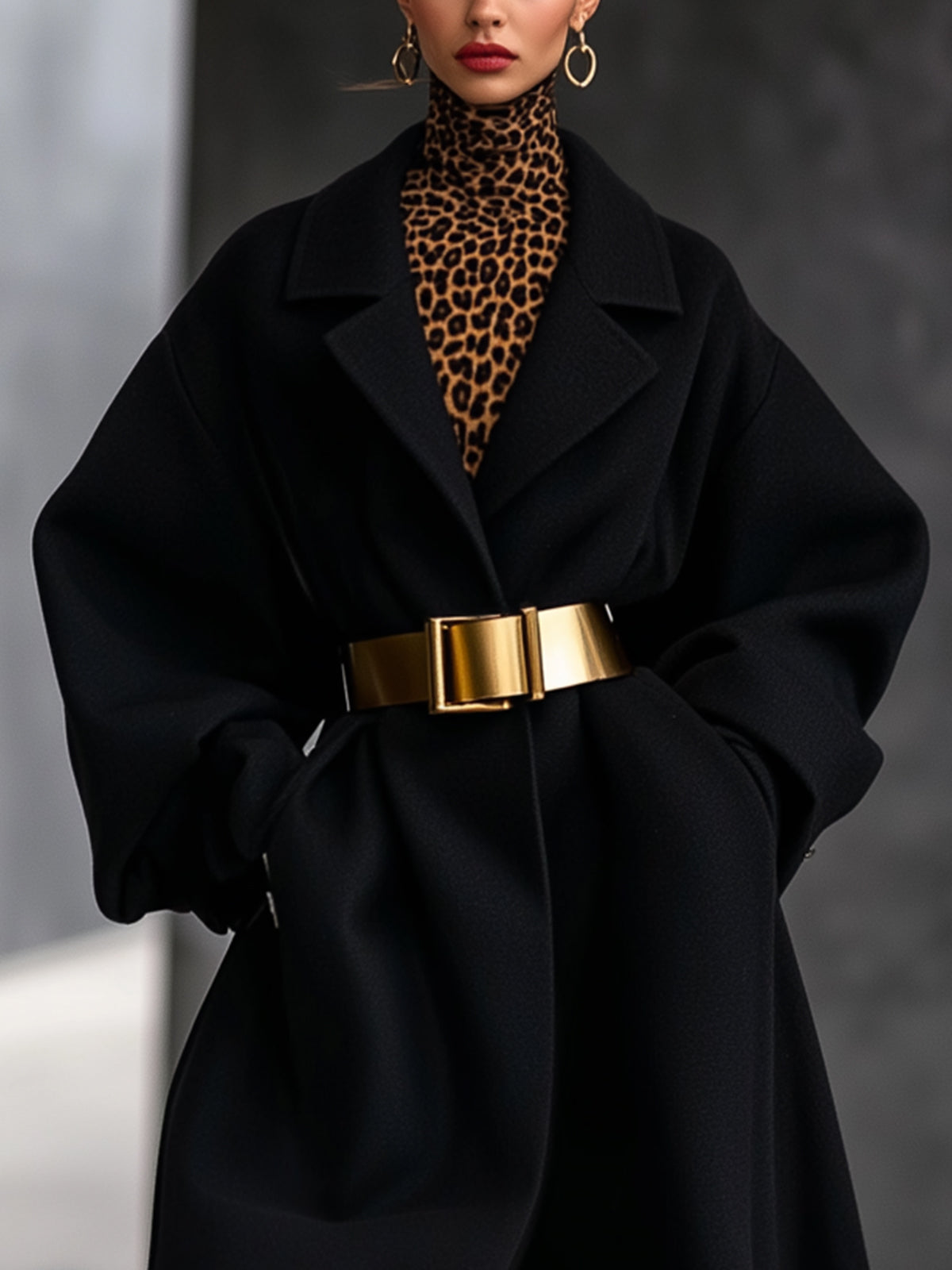 Black Wool Oversized Coat With Statement Gold Belt