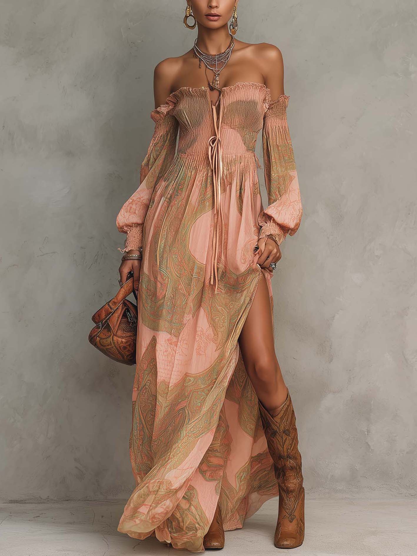Pink Paisley Print Off Shoulder Chiffon Maxi Dress With Side Slit