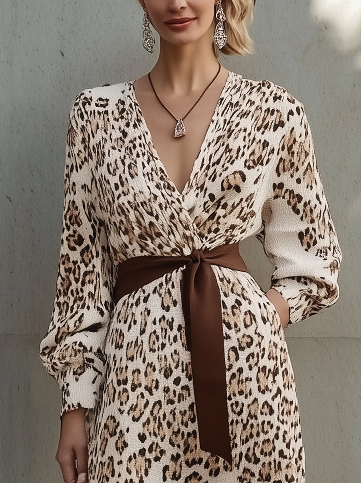 Ivory Leopard Print Textured Wrap V-Neck Long Sleeve Mini Dress