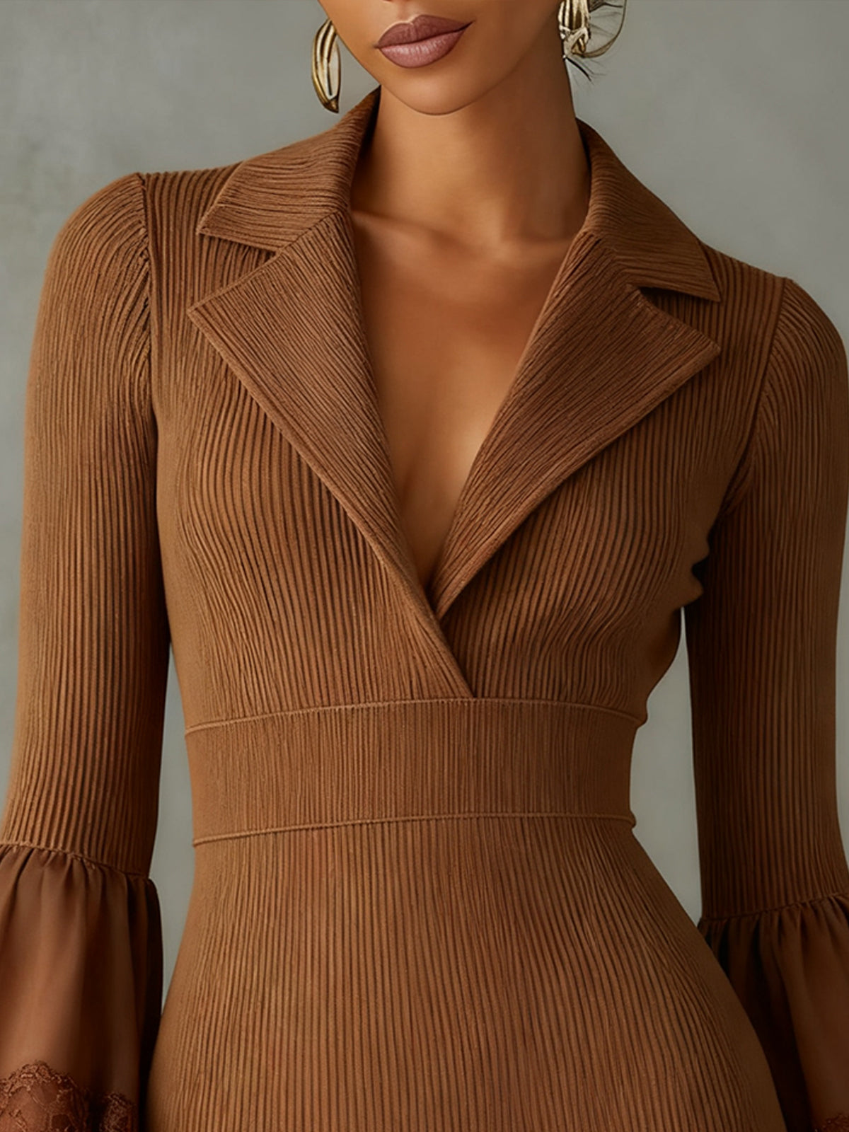 Brown Knit Mini Dress With Lace Cuffs And Ruffled Hem