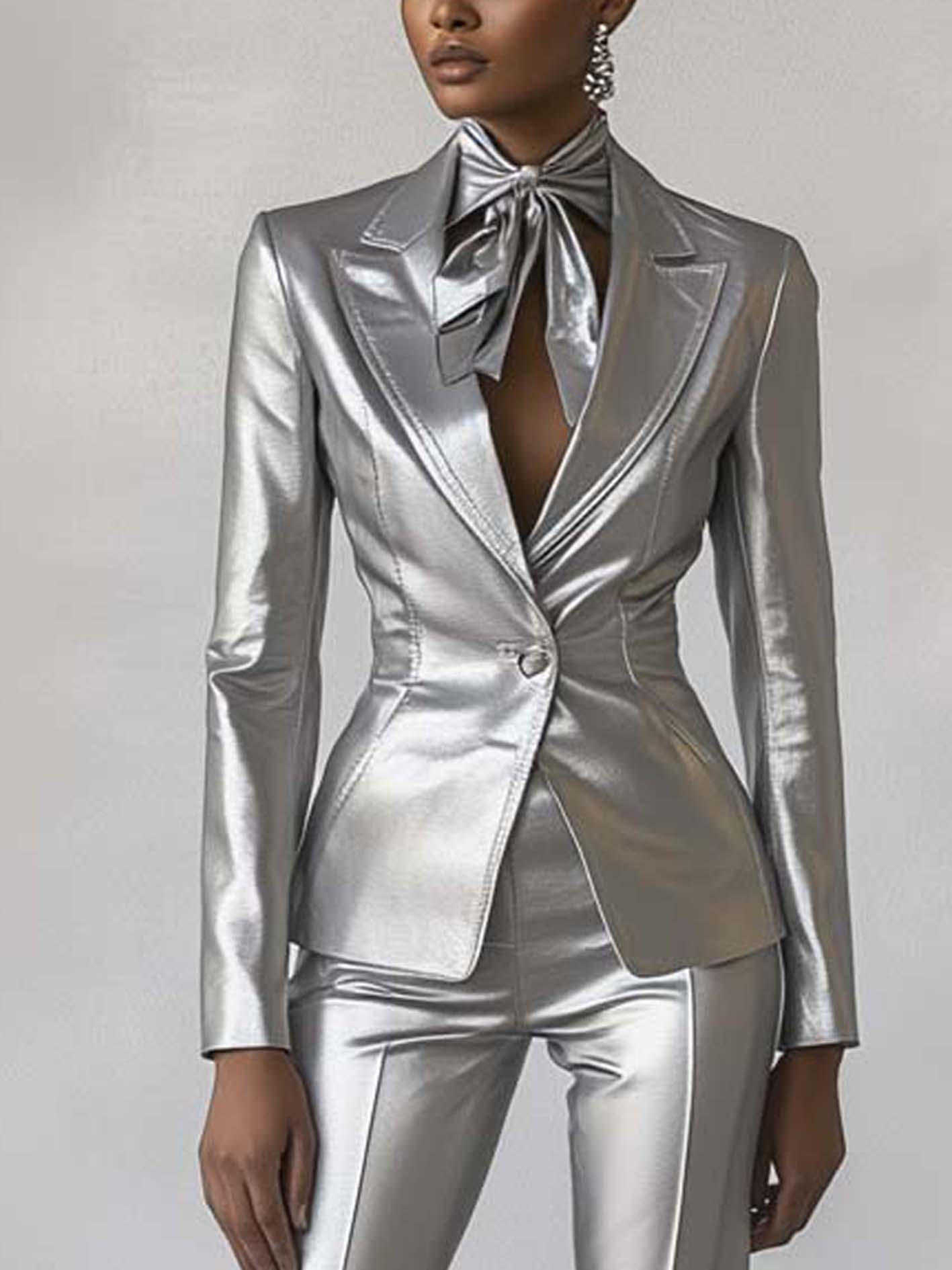 Fashionable Silver-gray Faux Leather Suit