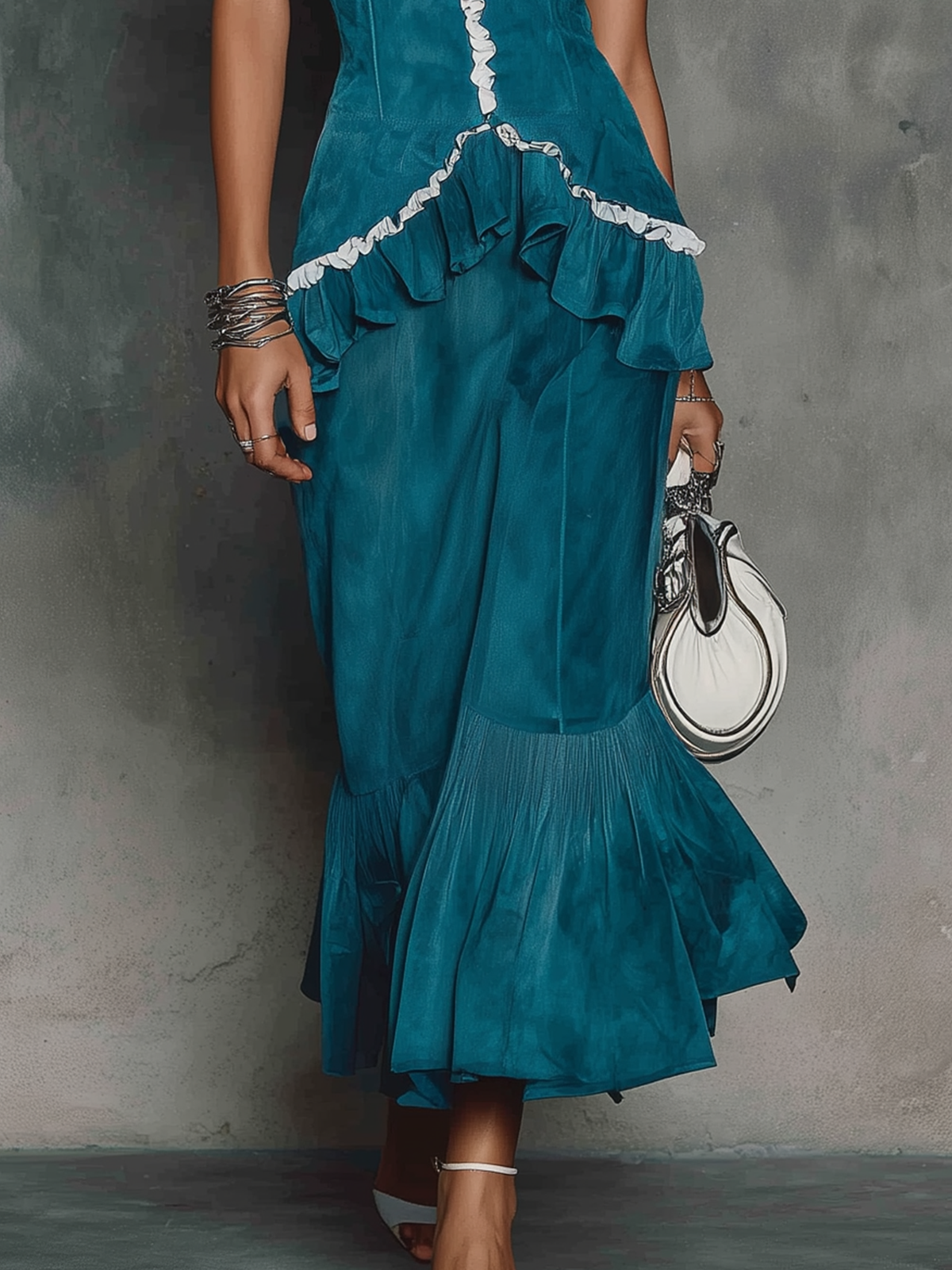 Teal Ruffled Contrast-Trim Sleeveless Maxi Dress