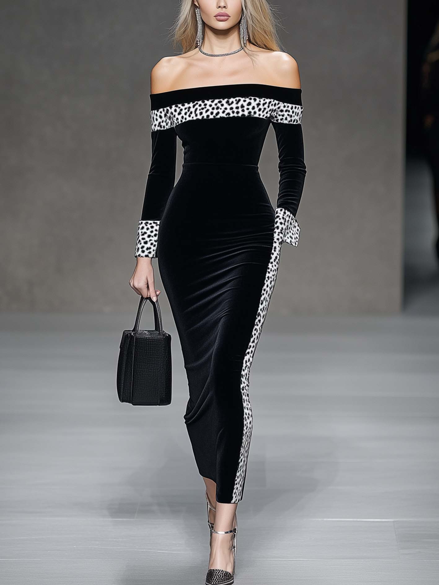 Black Velvet Midi Bodycon Dress With White And Leopard Print Trim