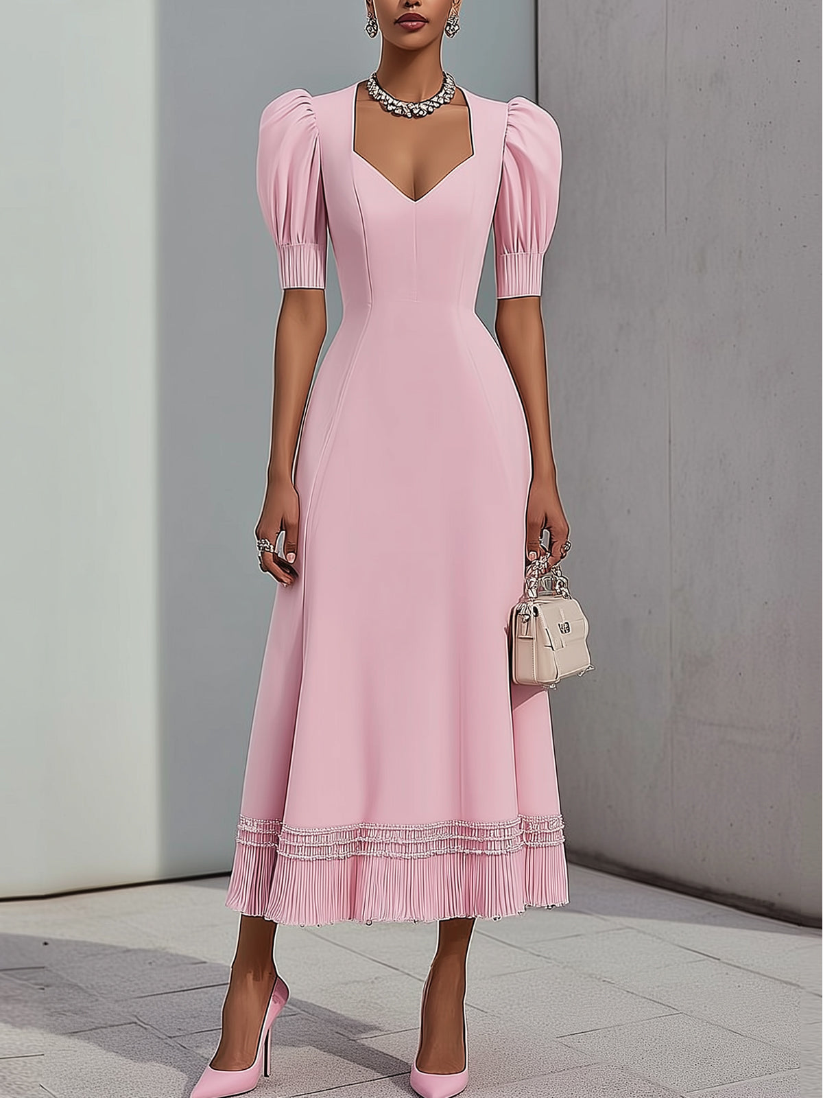 Blush Fringed Hem Puff Sleeve Square Neck Midi Dress