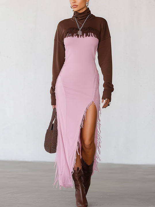Pink And Mocha Two-Tone Fringe Trim High-Slit Maxi Dress