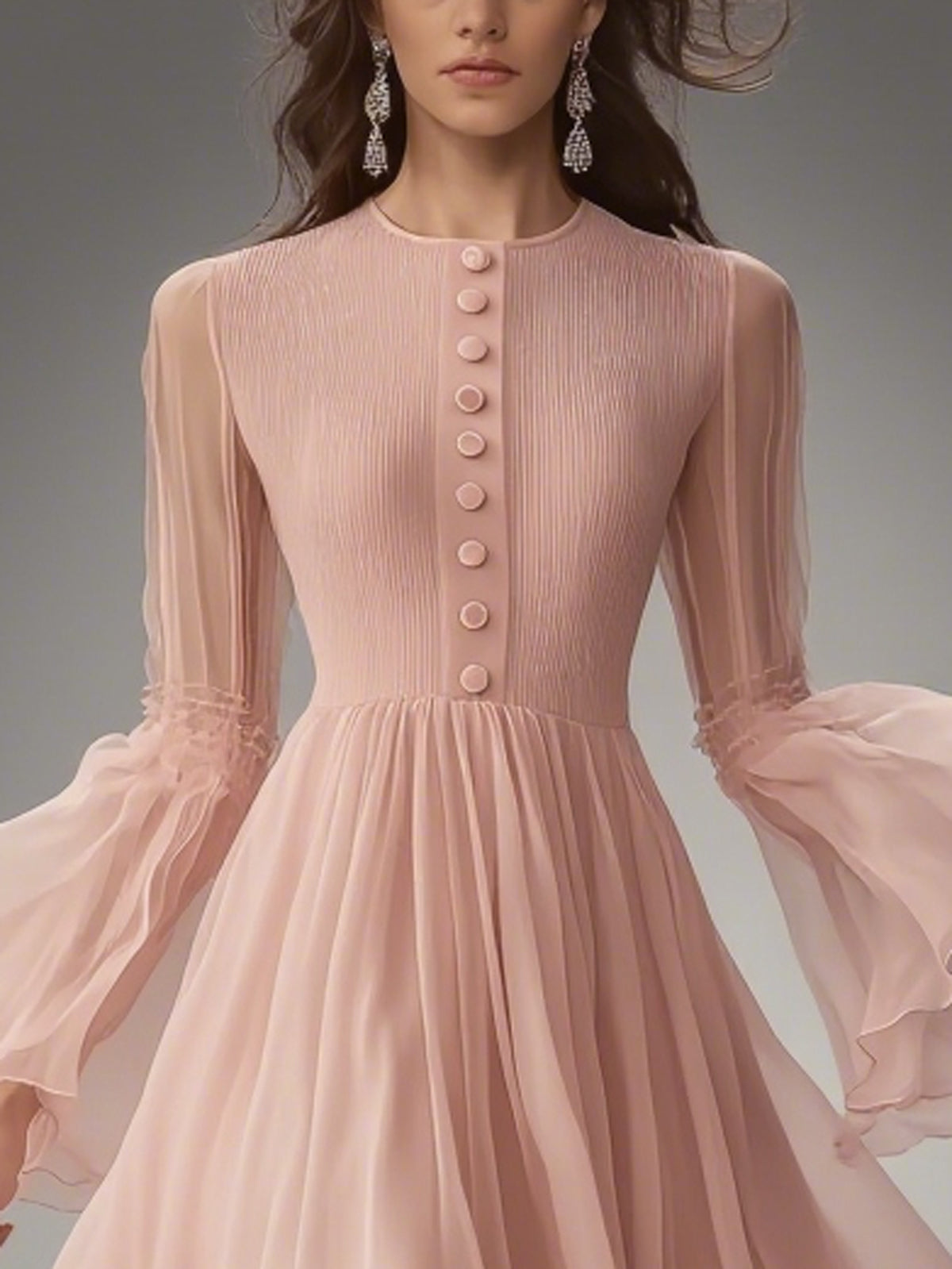 Pink Chiffon Button Front Open Ruffle Cuffs Round Neck Long Sleeve Midi Dress