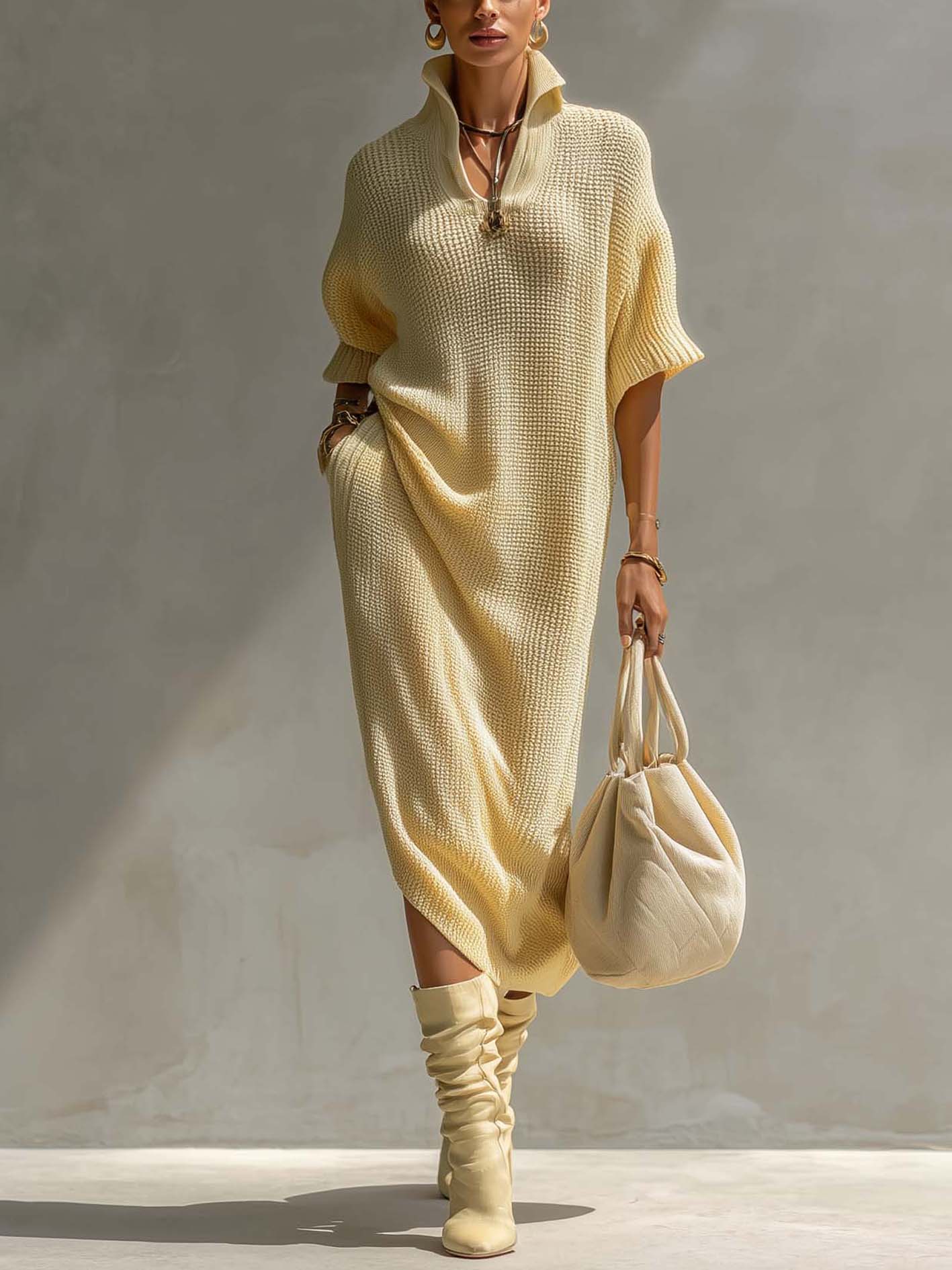 Cream Yellow Collared Knit Midi Dress
