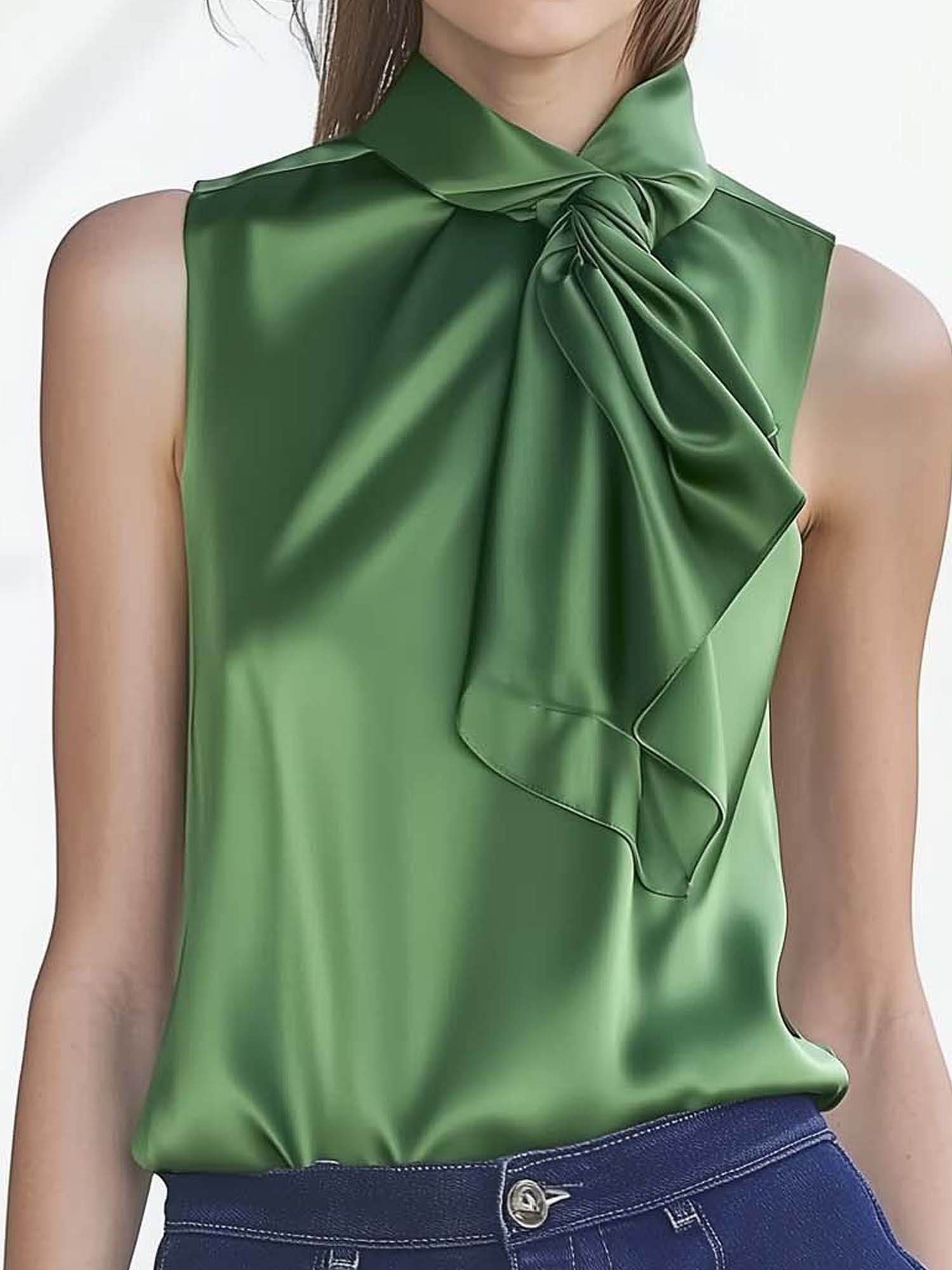 Sleeveless Green Satin Shirt With Tie Neck