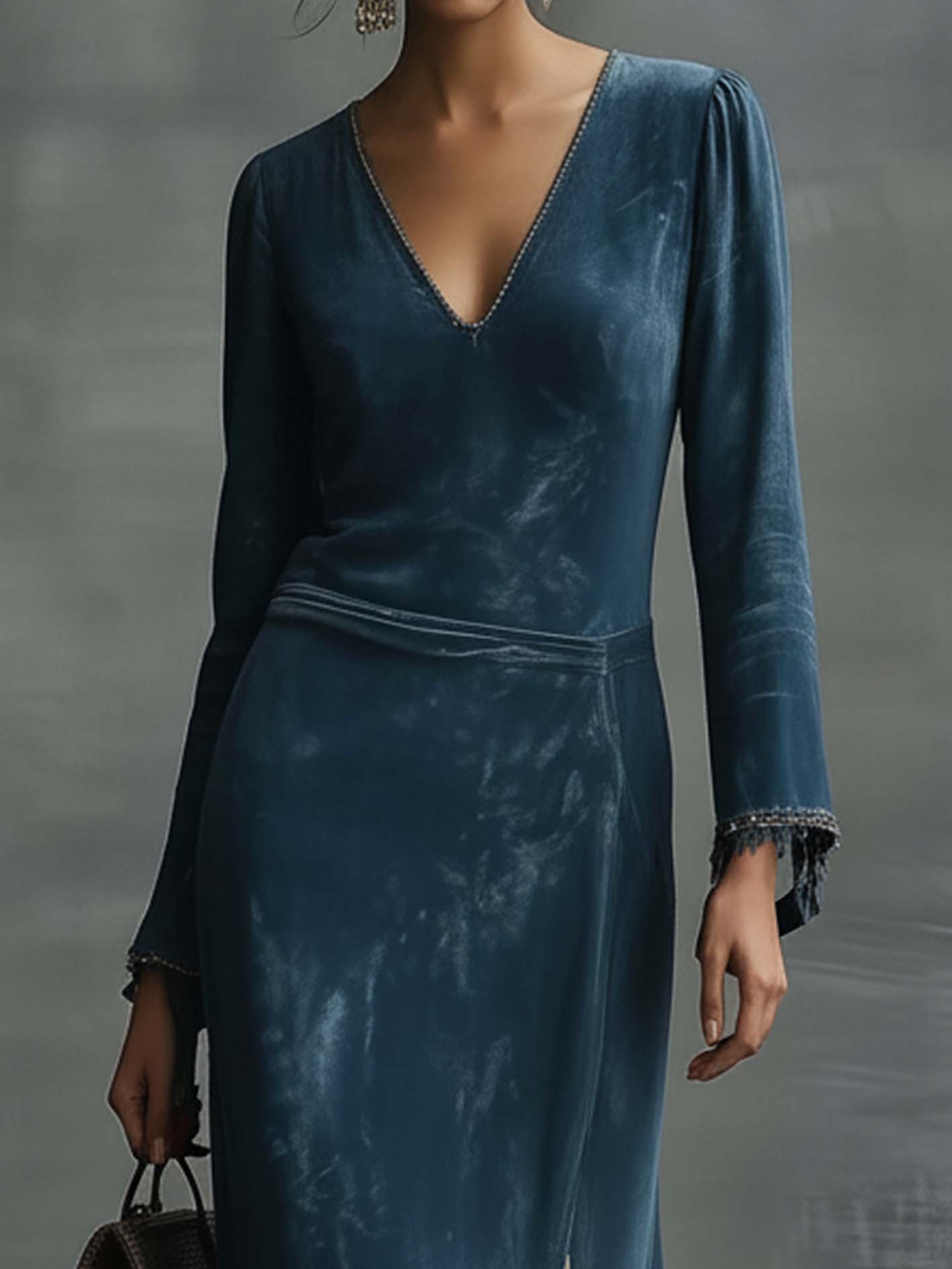 Retro Blue Faux Suede Maxi Dress With Side Slits And Tassels