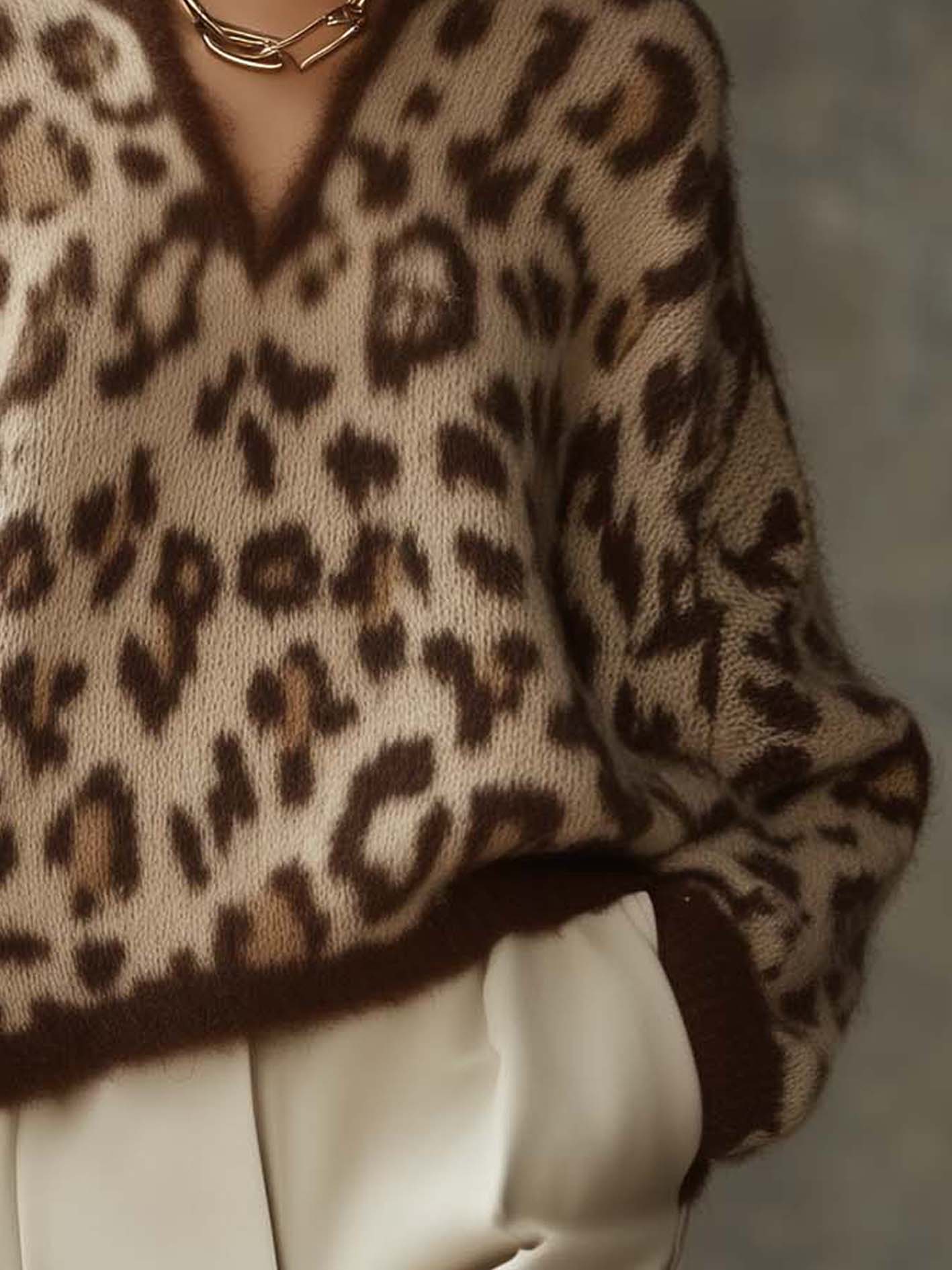 Brown Faux Mohair Sweater With Leopard Print