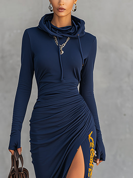 Navy Draped Hoodie Maxi Dress With Side Slit And Contrast Letter Detail