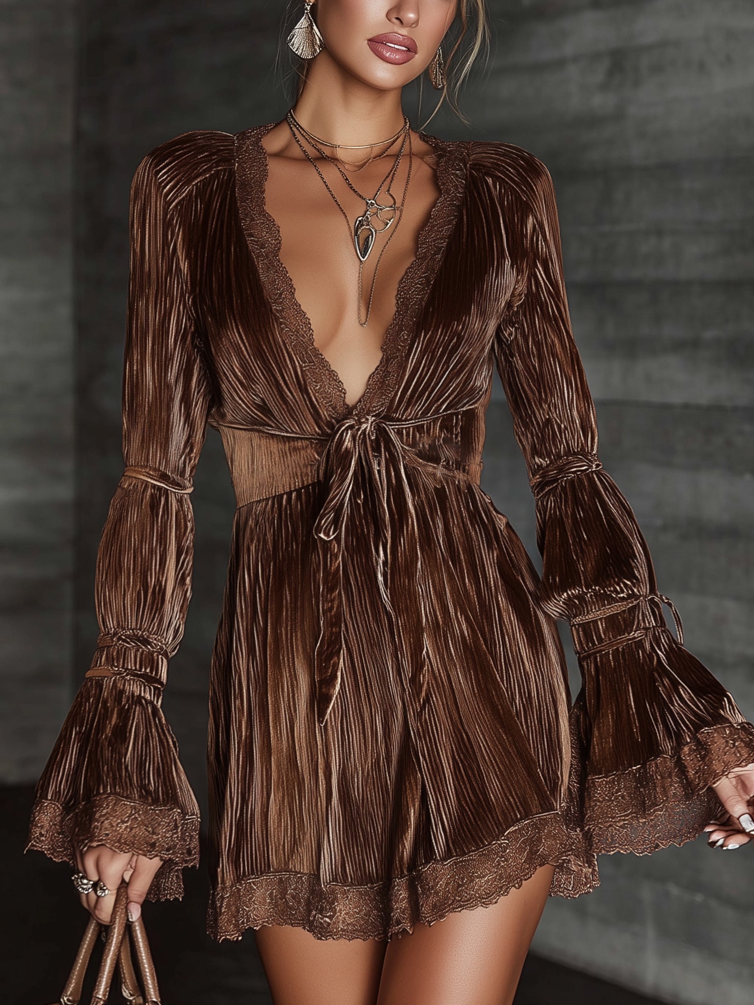 Brown Velvet Bow Tie Deep V-Neck Long Sleeve Mini Dress