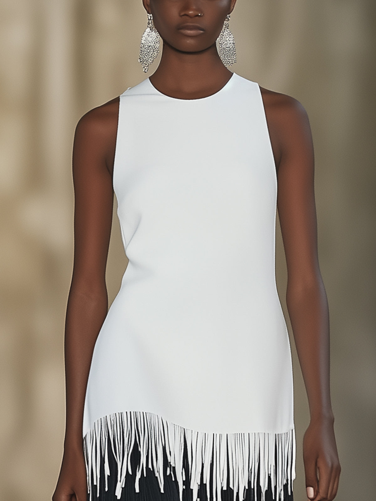 White Crepe Fringe Detail Crew Neck Sleeveless Midi Dress