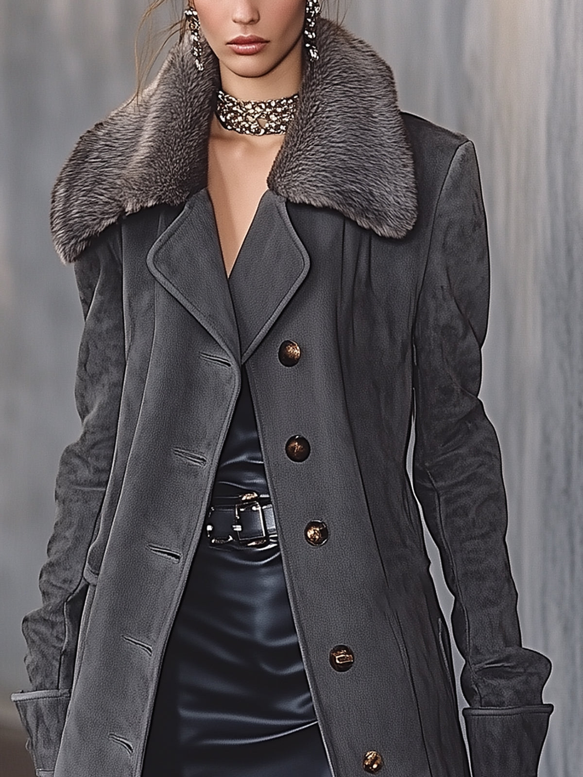 Gray Faux Suede Coat With Fur Collar And Button Detail