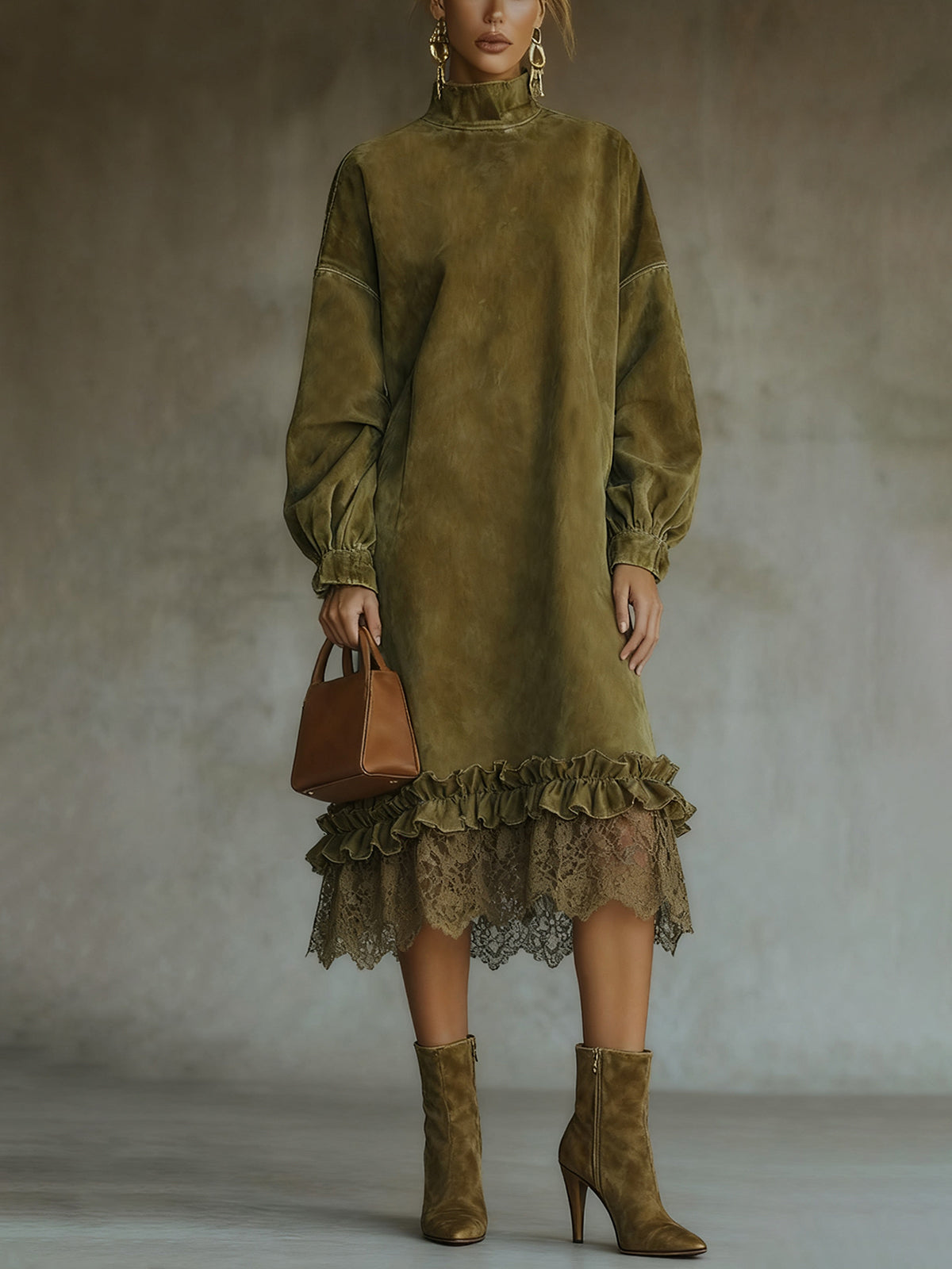 Army Green High Neck Square Suede Maxi Dress With Lace Hem