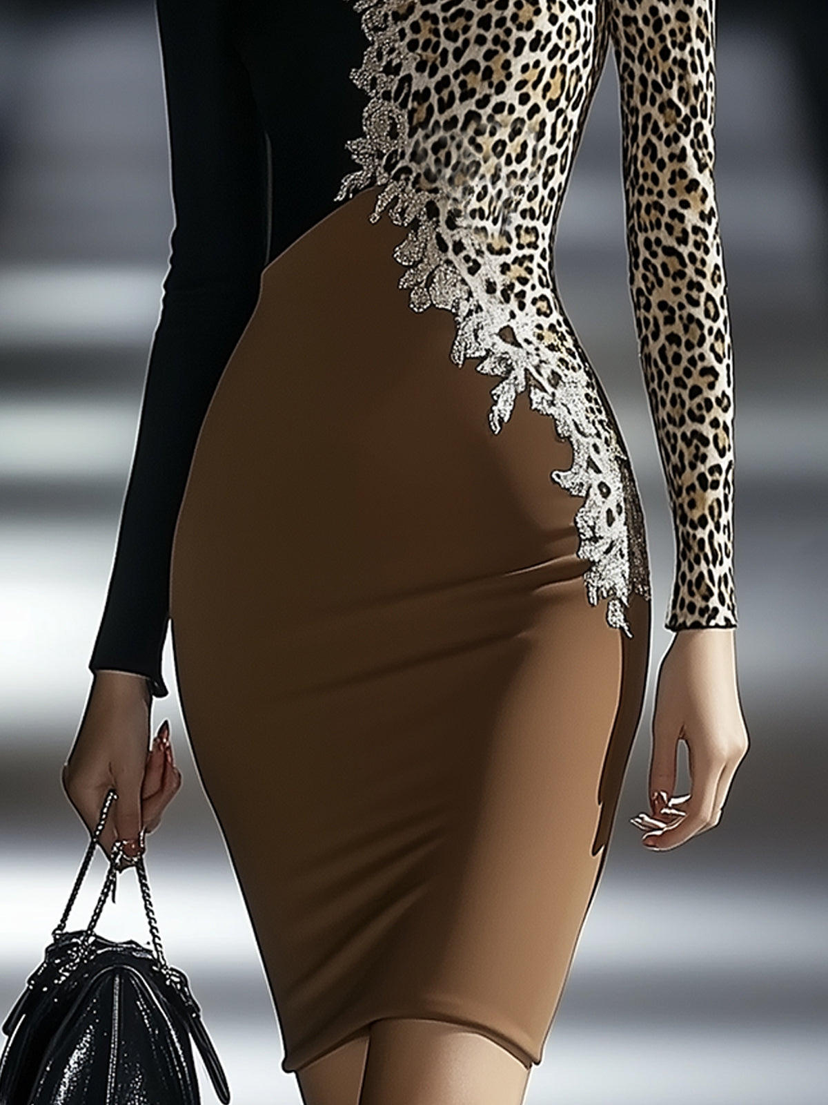 Colorblock Bodycon Dress With Leopard Print And Lace Accents
