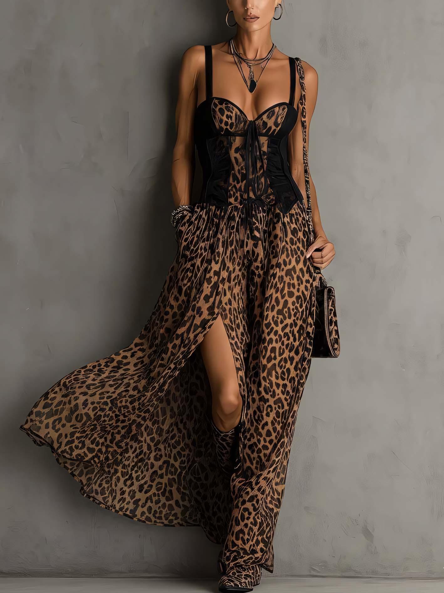Leopard Print Chiffon Patchwork Spaghetti Strap Maxi Dress With Side Slit