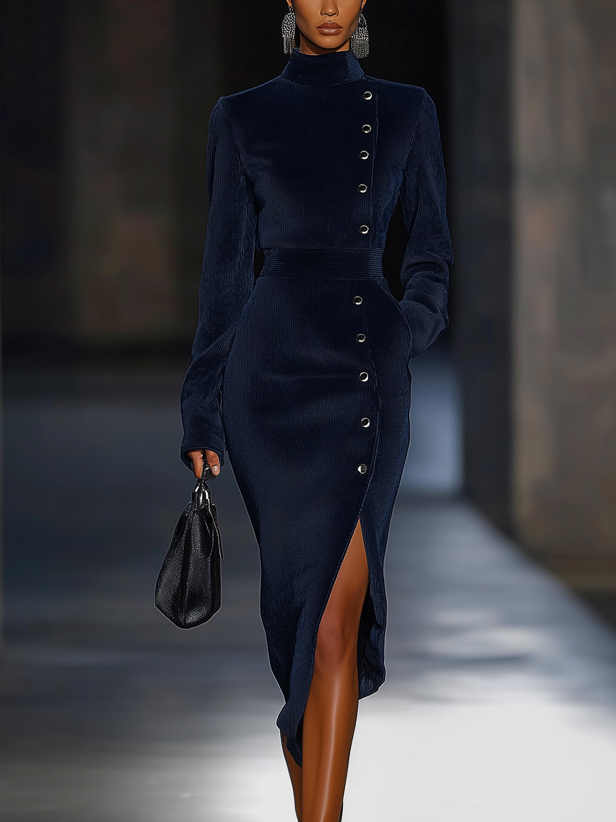 Navy Blue High Slit Button-Down Bodycon Dress