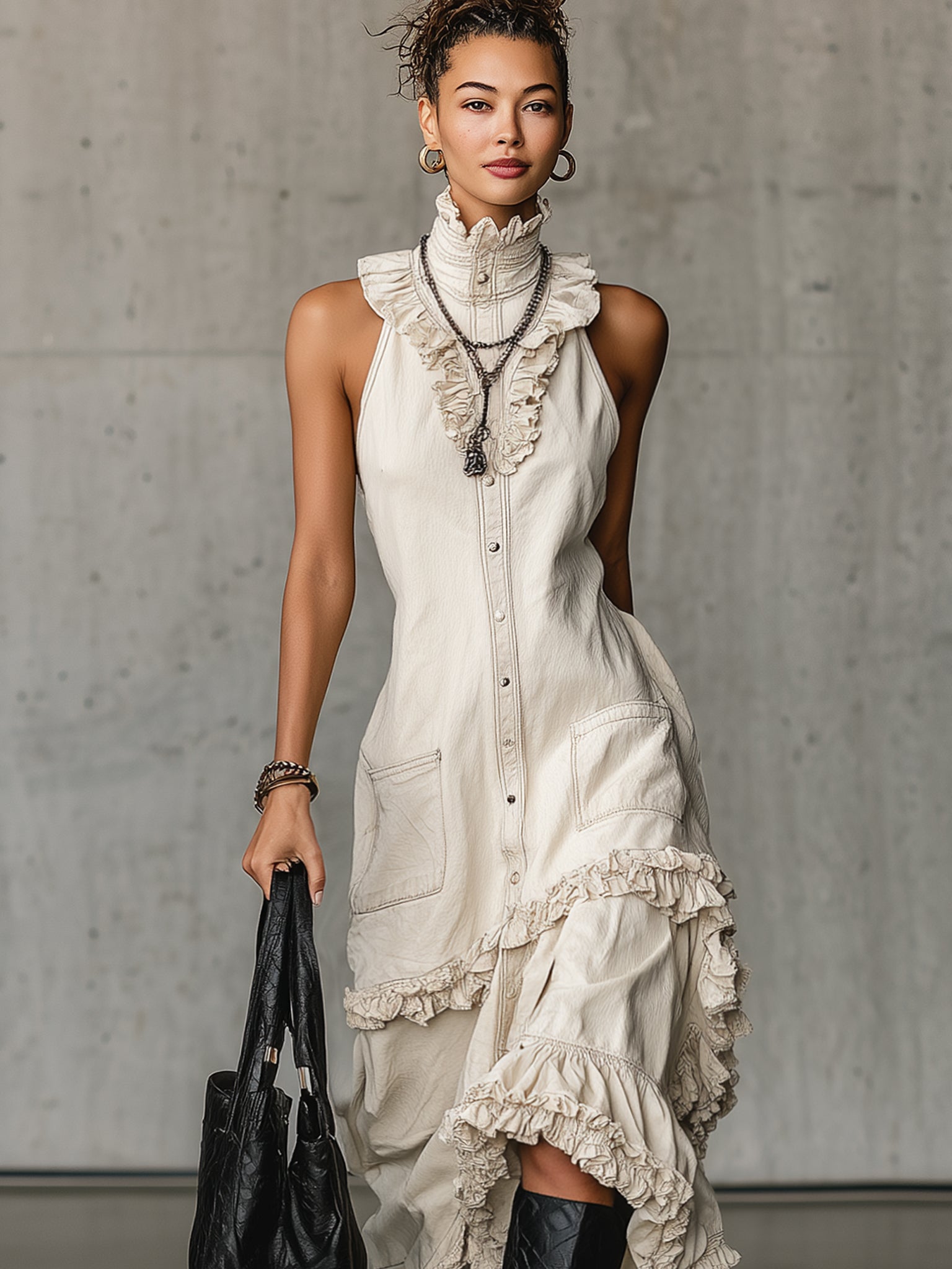 Ivory Washed Cotton Sleeveless High Neck Dress